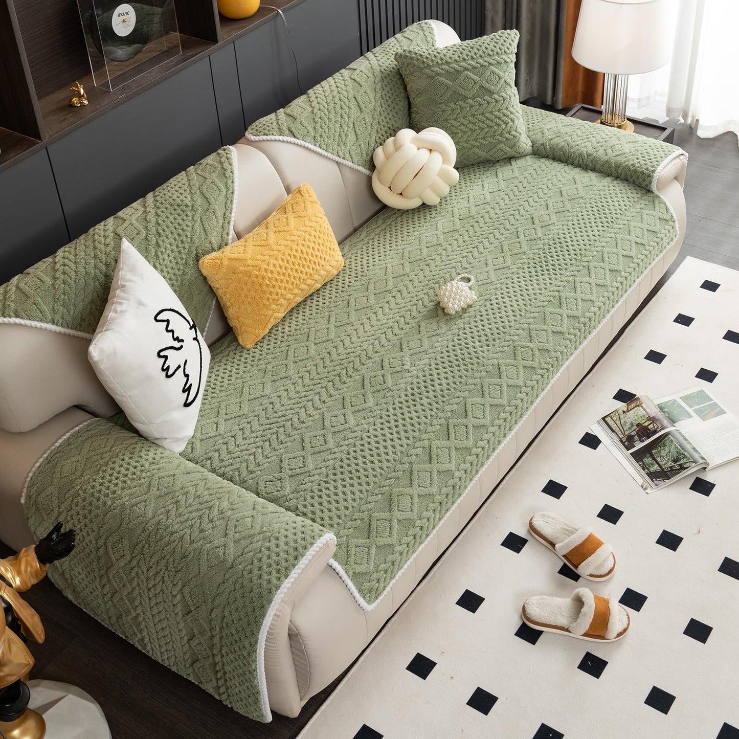 vctops Cable Jacquard Plush Sofa Couch Covers Boho Fuzzy Couch Cover for Dogs Soft Non Slip Sectional Sofa Slipcover Thick Warm Washable Furniture Protector for Kids, Pets (Sage Green,28"x28")