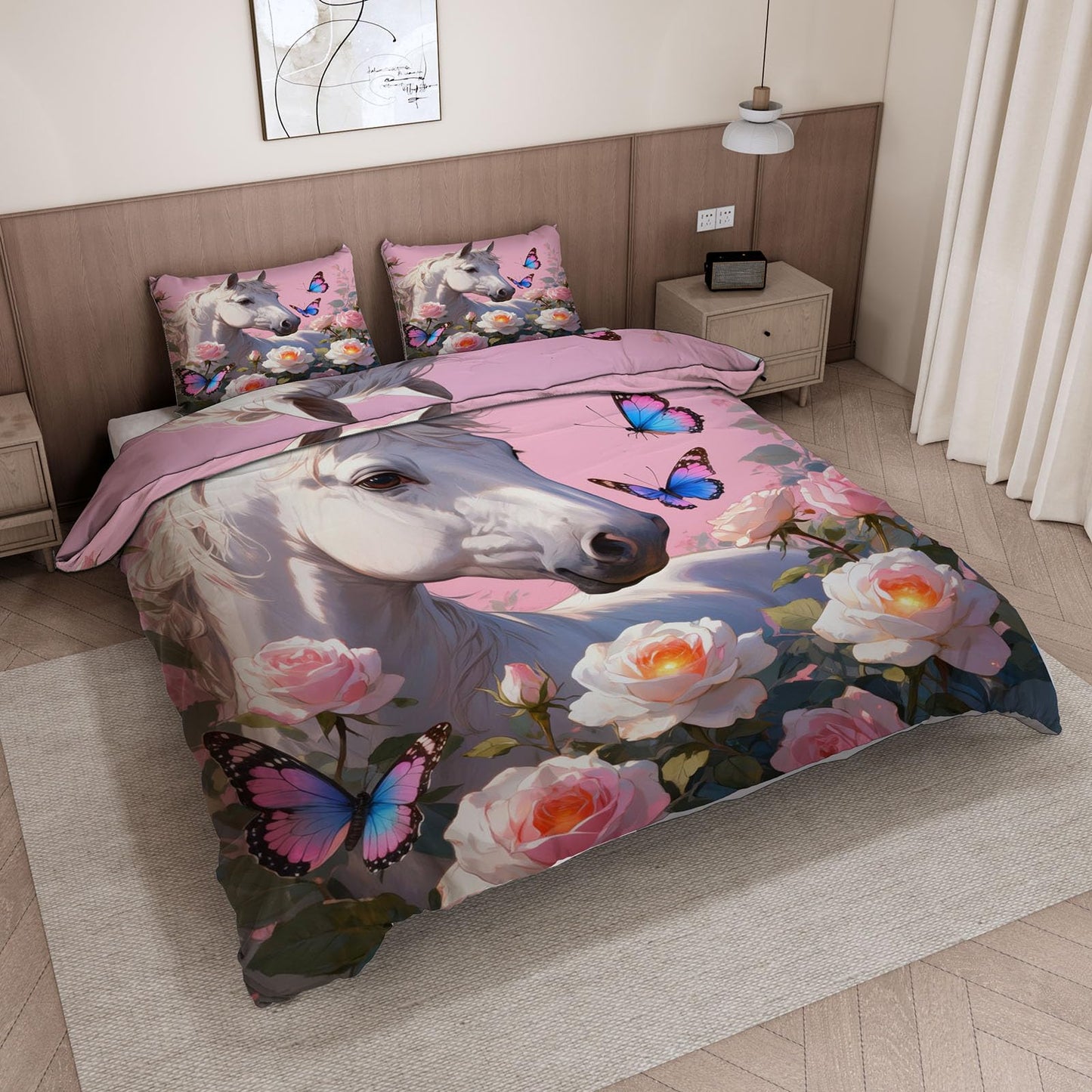 3D Horse Duvet Cover King Size 104x90in Soft Breathable Microfiber Butterfly Flower Bedding Set Zipper Closure Reversible Comforter Cover 3 Pieces with 2 Pillow Shams (WJT 23-3)
