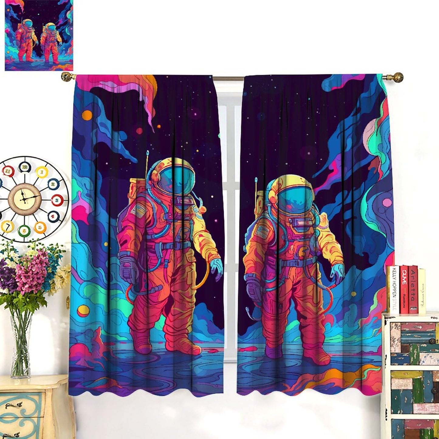 Astronaut Curtains, Cartoon Abstract Cool Colorful Funny Outer Space Cosmic Spaceman Blackout Window Treatments, Thermally Insulated Rod Pocket Drapes For Boys Teen Men Bedroom Living Room 63x72in