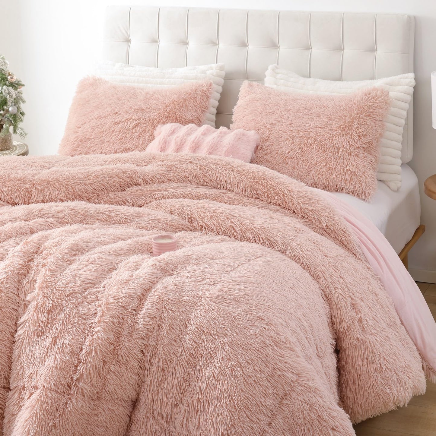 Smoofy Fluffy Queen Comforter Set, Faux Fur Pink Comforter Set Queen Size, Luxury Fuzzy Bedding Set, Soft Shaggy Bed Set Pink for All Season, 3 Pieces - 1 Comforter & 2 Pillowcases, Blush