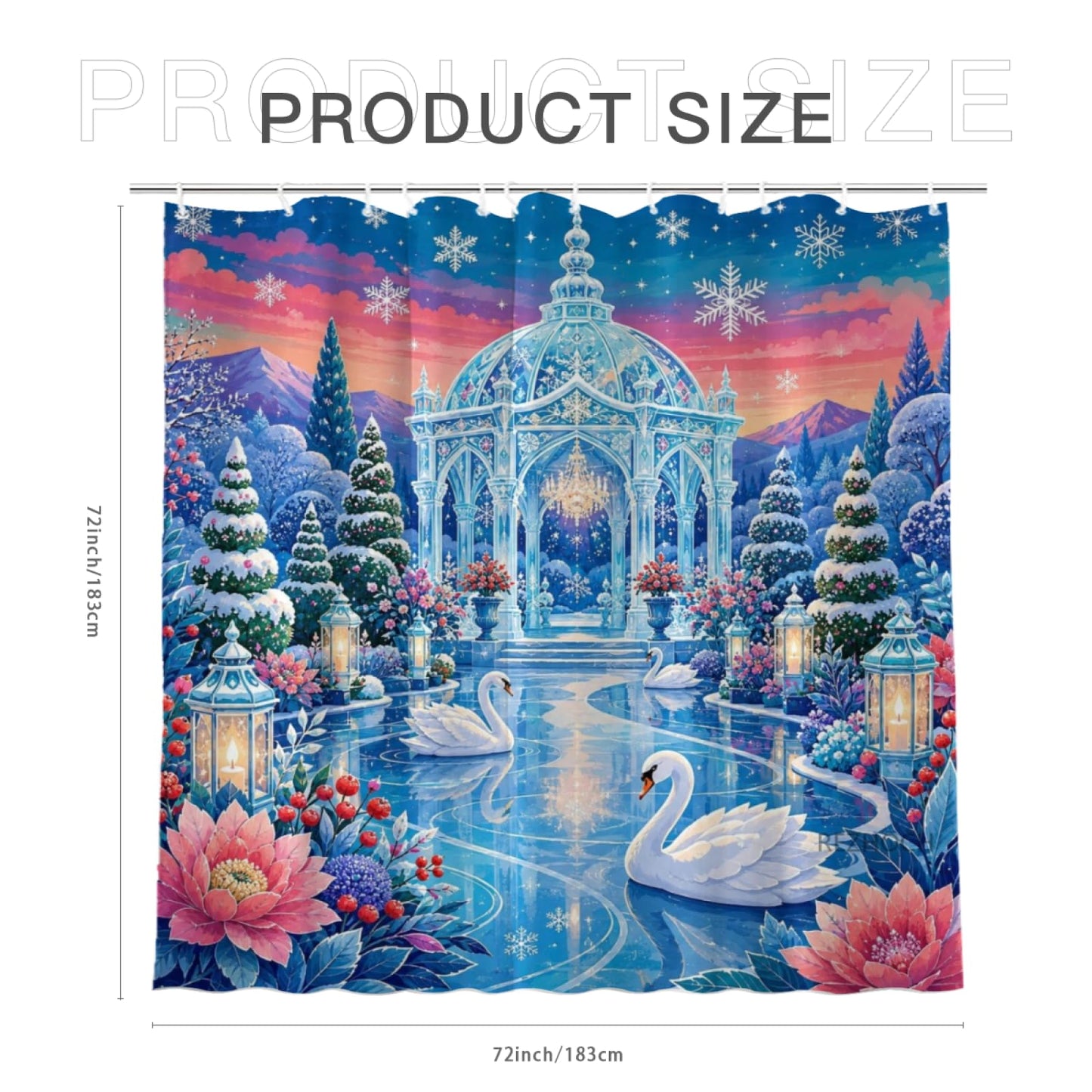 REZHOCH Frozen Swan Palace Shower Curtain 72x72 Inch,Ice Pavilion with White Swans Snowy Garden Lanterns Winter Fantasy Bathroom Decor,Bath Set with Hooks