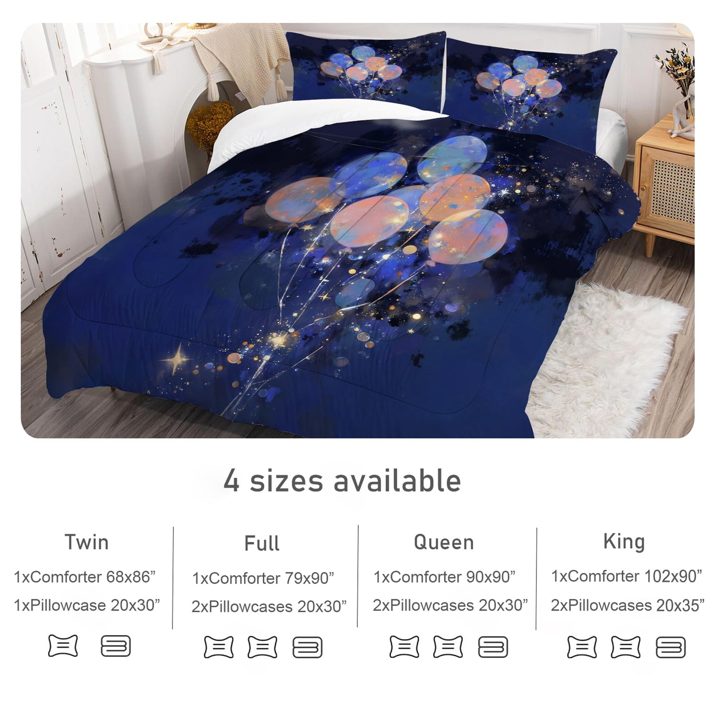EDGZKO Navy Blue Galaxy Balloon Bedding Set Full Size Starry Sky Print Comforter Set Soft Microfiber Bed Sets for Kids Girls Boys Teens Adults Room Decor, 1 Comforter 2 Pillowcases