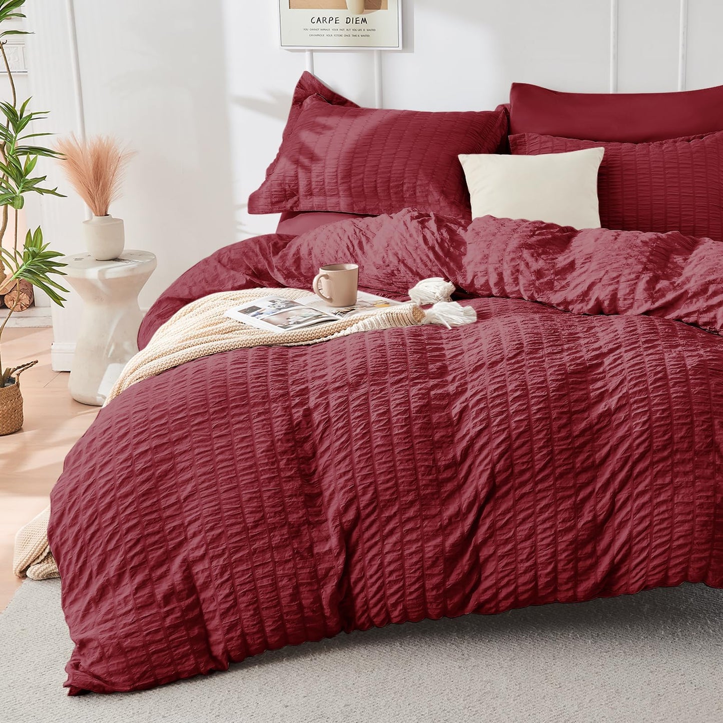 HYMOKEGE Burgundy Full Size Comforter Sets Seersucker 7 Pieces, All Season Luxury Bed in a Bag for Bedroom, Bedding Set with Comforters, Sheets, Pillowcases & Shams