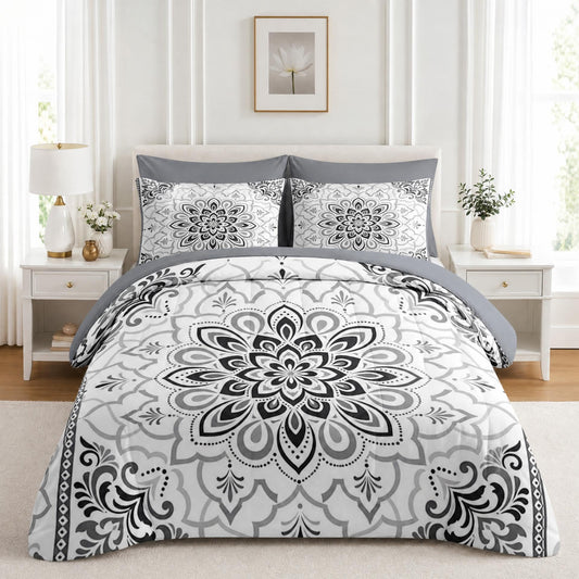 Boewywh Comforter Set Twin Size Mandala Boho Floral 7 Pcs, Bedding for Kids and Adults, Geometric Black Bed Sheet Sets with Fitted Sheet 2 Pillowcases & 2 Shams for Bedroom Bed Decor