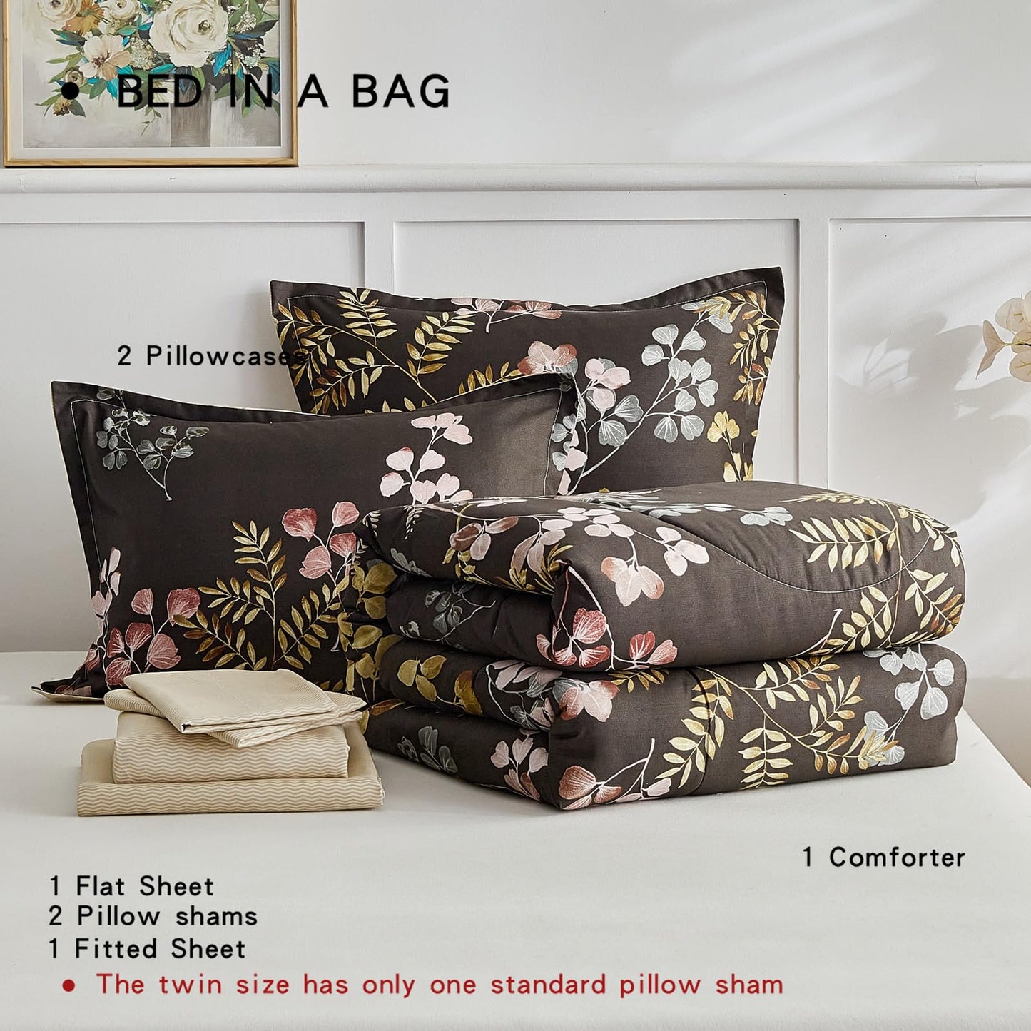 AIKASY Bed in a Bag 7 Pieces Queen Size - Floral Print - Soft Microfiber, Reversible Bed Comforter Set (1 Comforter, 2 Pillow Shams, 1 Flat Sheet, 1 Fitted Sheet, 2 Pillowcases)（Black, Queen）