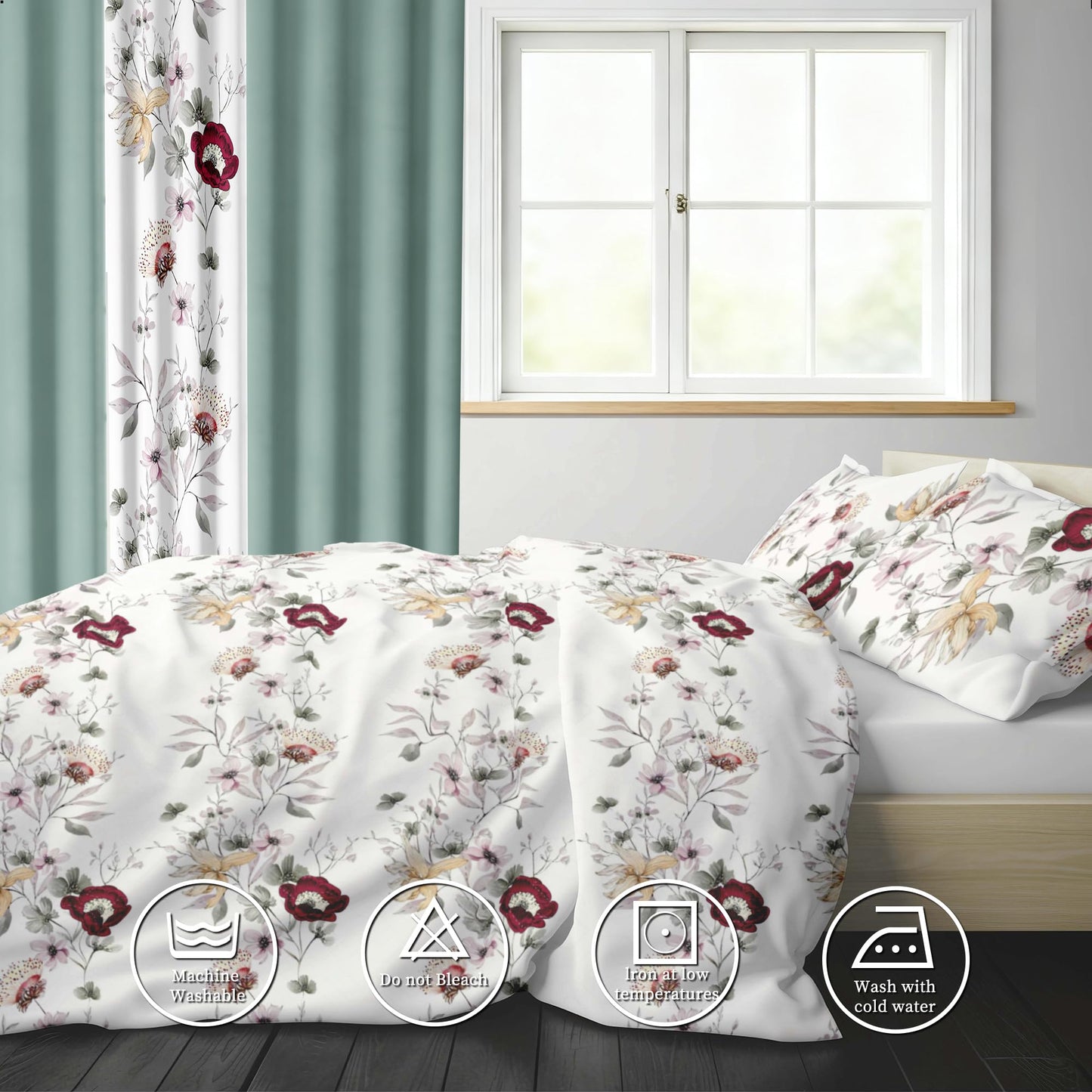 Deepsleep King Bedspread Set 9 Pieces, All Season Luxury Bed in a Bag for Bedroom, with 2 Pillowcases and 6 Curtains, Ultra-Soft Microfiber for Complete Bedroom Decor, Green Flowers