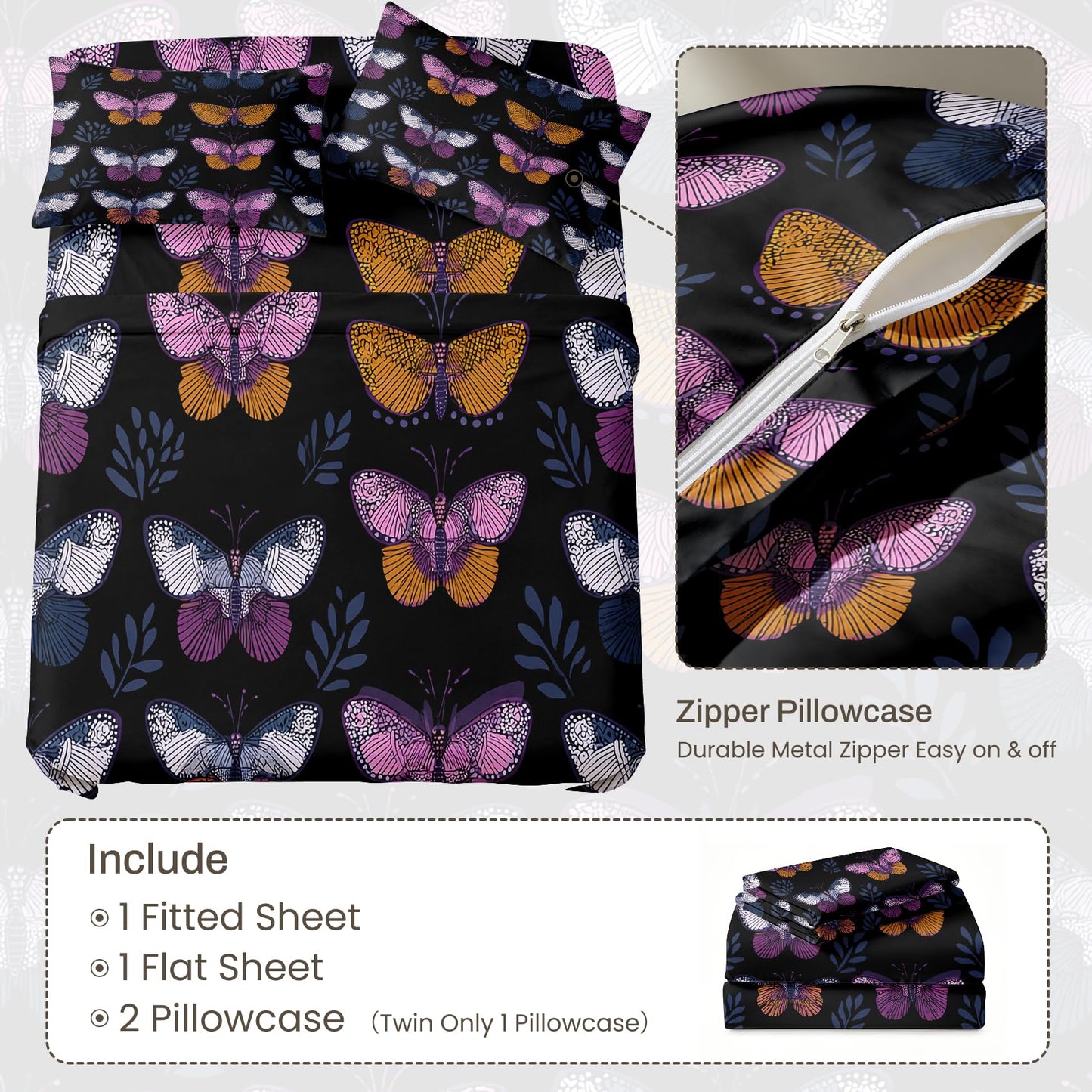 Butterfly King Sheet Set 4 Pcs Gothic Dark Bed Sheets