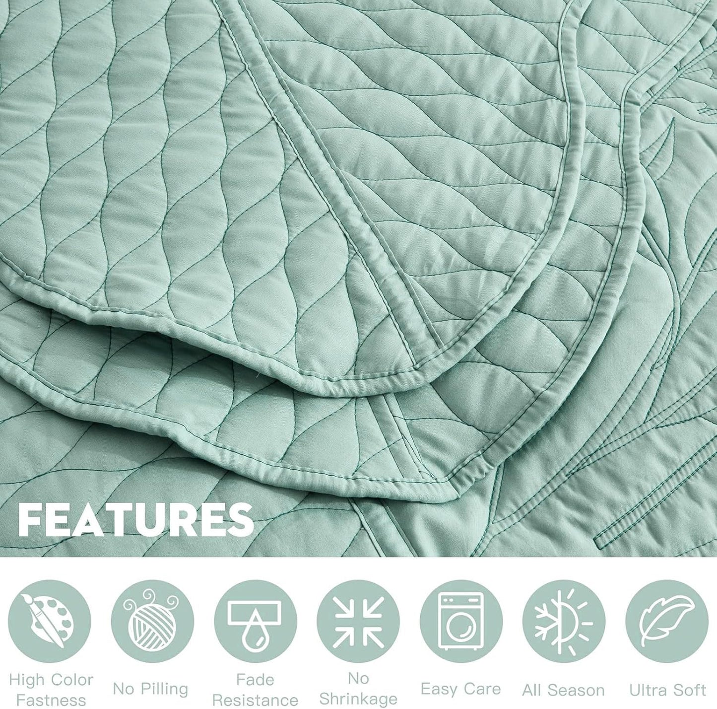 DaisyHuang Botanical Oversized Bedspread Queen Size - Leaves Pattern Stitching Quilt Set - Elegant & Fresh Style Bedding Coverlets, Reversible, Lightweight, 5 Piece, Seaglass
