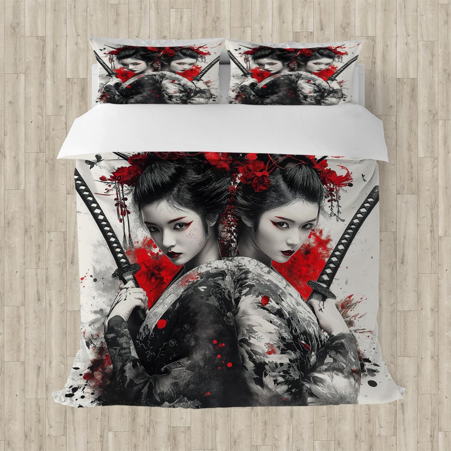 RICQLESC Sword Female Samurai Duvet Cover and 2 Pillow, Japanese Kimono Geisha Asian Sexy Women Anime Comforter Set, Kids Boys Girls Bedding 3 Pieces, King Size 104x90 inch