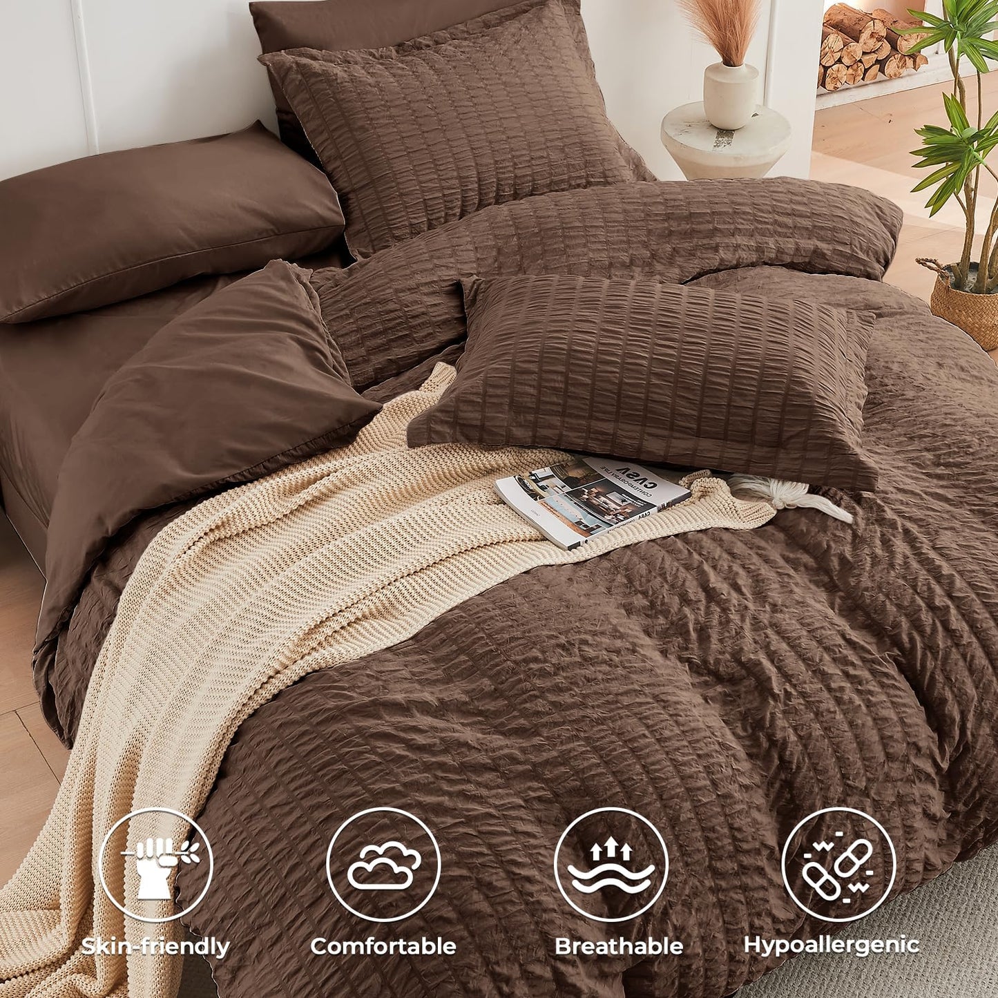 HYMOKEGE Dark Brown Twin Comforter Set Seersucker 5 Pieces, All Season Luxury Bed in a Bag for Bedroom, Bedding Set with Comforter, Sheets, Pillowcase & Sham