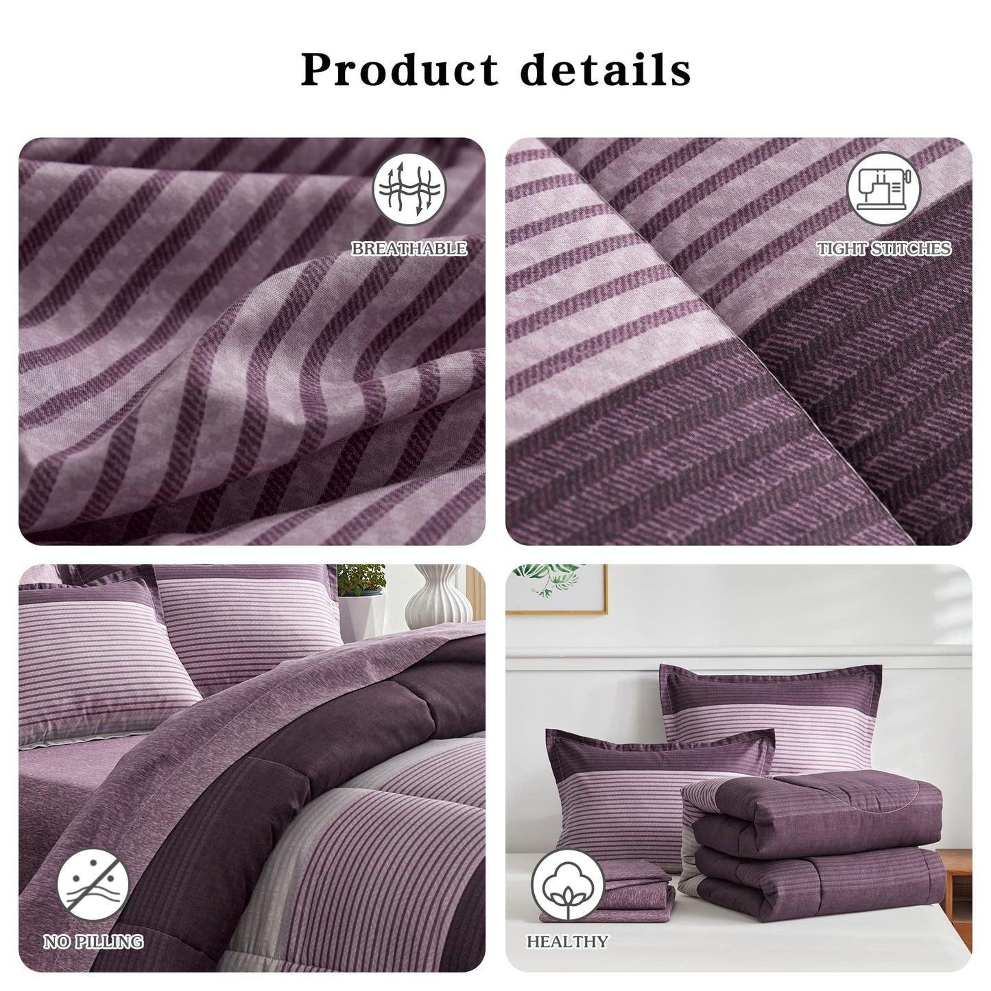 Flysheep Ombre Striped Bed in a Bag 7 Pieces Queen Size, Purple and Grey Stripes Comforter Sheet Set (1 Comforter, 1 Flat Sheet, 1 Fitted Sheet, 2 Pillow Shams, 2 Pillowcases)