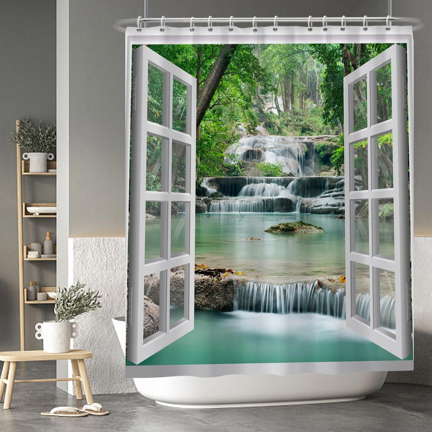Baocicco Nature Landscape Shower Curtain Summer Forest River Jungle Waterfall Lake Window Scenery Shower Curtains Decorative for Bathroom Waterproof Fabric Shower Curtain with Hooks 60x72 Inches