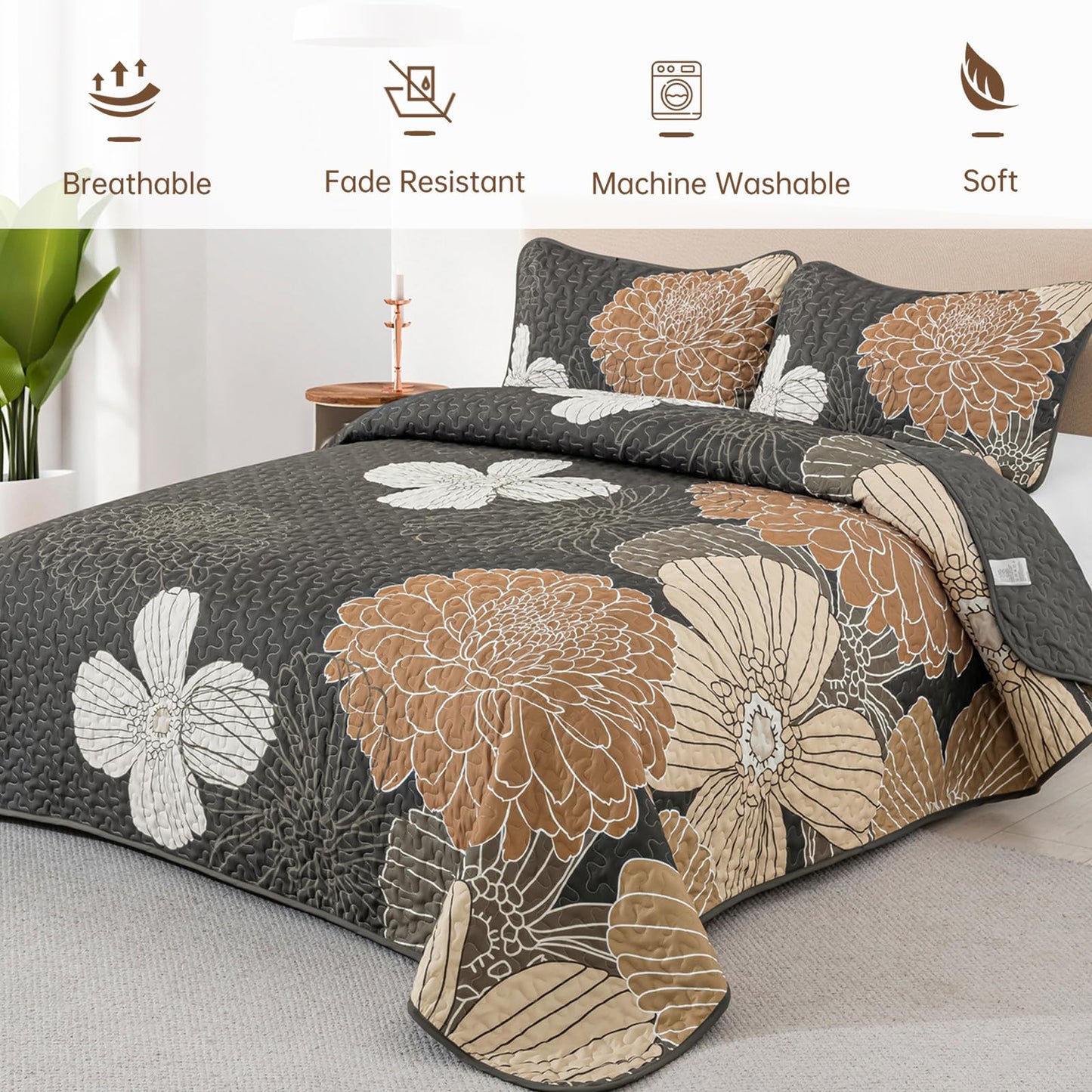 Anibedding 3 Pieces Floral Printed Quilts Set Queen Size, All Season Black Brown Lightweight Bedspread Sets with Shams for Bedroom