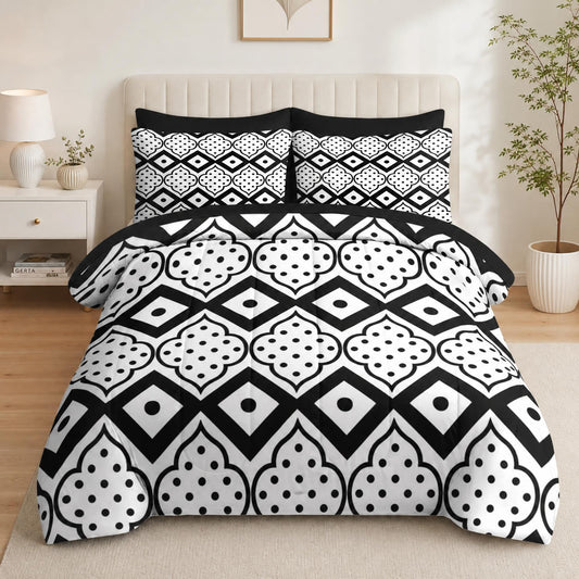 Boewywh Comforter Set Twin Size Geometric Moroccan Minimalist 7 Pcs, Bedding for Kids and Adults, Black White Bed Sheet Sets with Fitted Sheet 2 Pillowcases & 2 Shams for Bedroom Bed Decor
