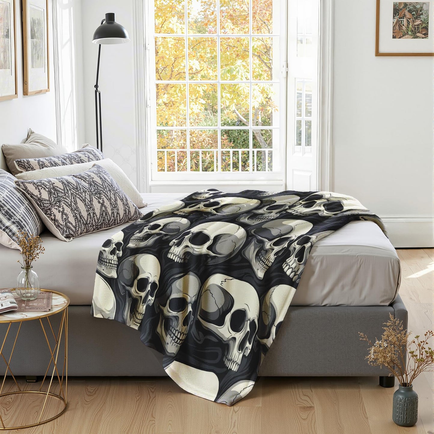 GEDAEUBA Skull Blankets for Adults - Halloween Gothic Skeleton Fleece Blanket Full Size, Soft Cozy Blankets & Throws for Couch, Bed, and Sofa, 84x90 inches