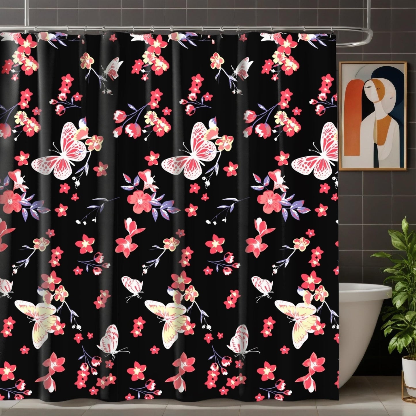 SDIII Pink Butterfly Shower Curtain Set 72x72 Inch, Waterproof Microfiber Pink Butterfly Floral Shower Curtain, Botanical Wildflowers Bathroom Decor