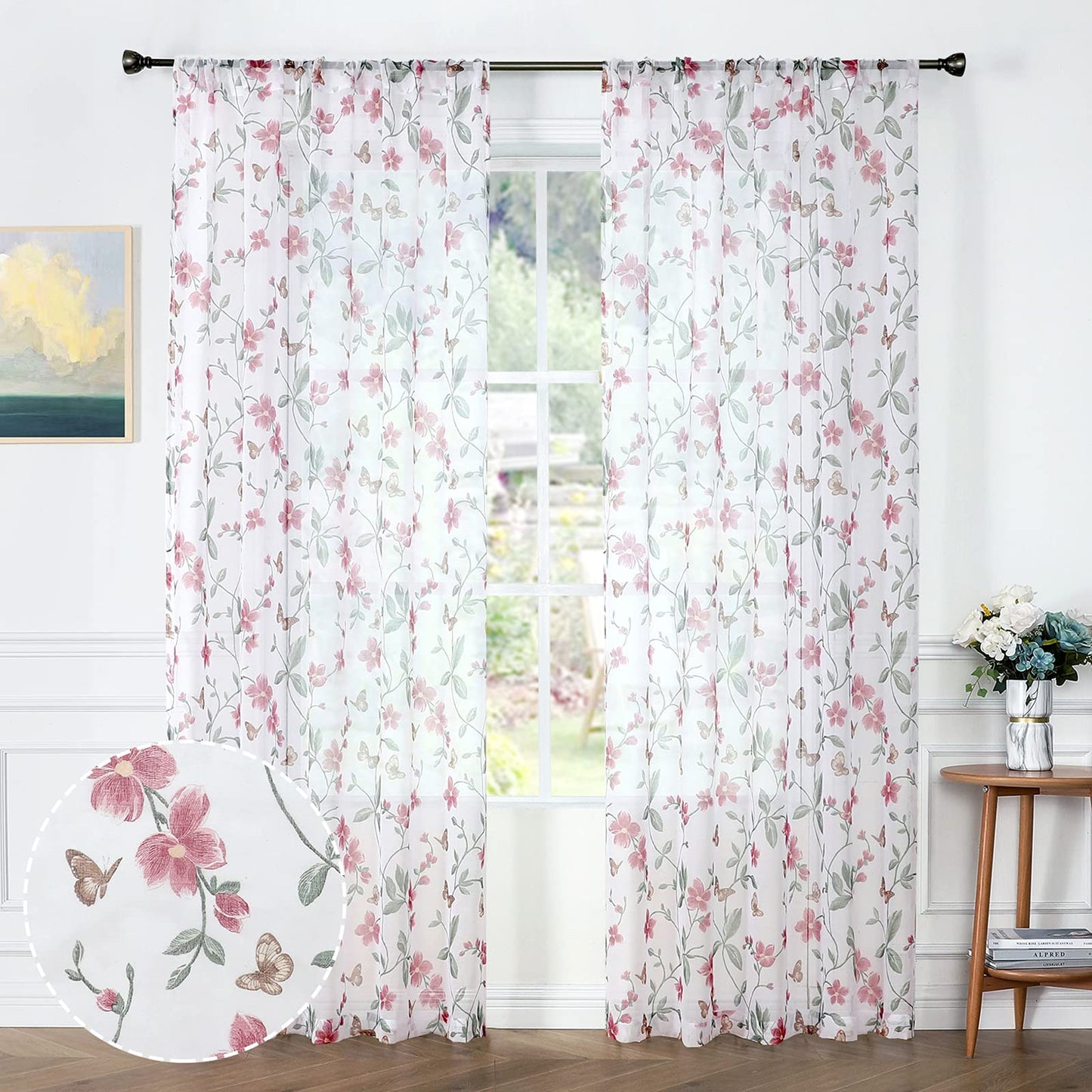 Tollpiz Sheer Floral Curtain Pink Flower Butterfly Printed Bedroom Curtains Rod Pocket Voile Faux Linen Window Curtain for Living Room, 54 x 84 inches Long, Set of 2 Panels