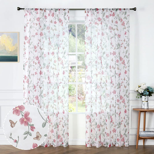 Tollpiz Sheer Floral Curtain Pink Flower Butterfly Printed Bedroom Curtains Rod Pocket Voile Faux Linen Window Curtain for Living Room, 54 x 84 inches Long, Set of 2 Panels