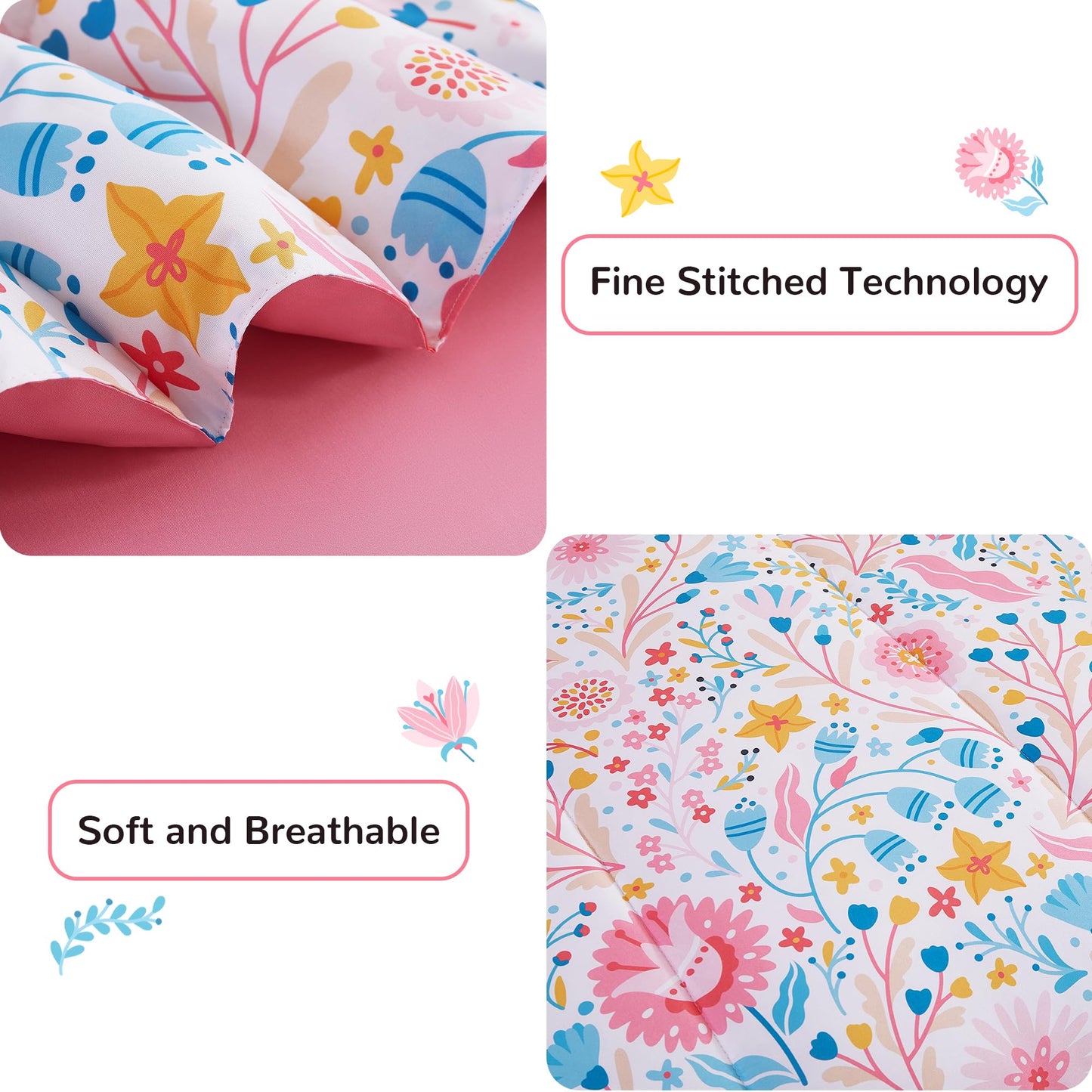 Viviland Kids Twin Bedding Sets for Girls, Soft Twin Comforter Set with Sheets, 5 Pieces Microfiber Bed in a Bag, Colourful Floral