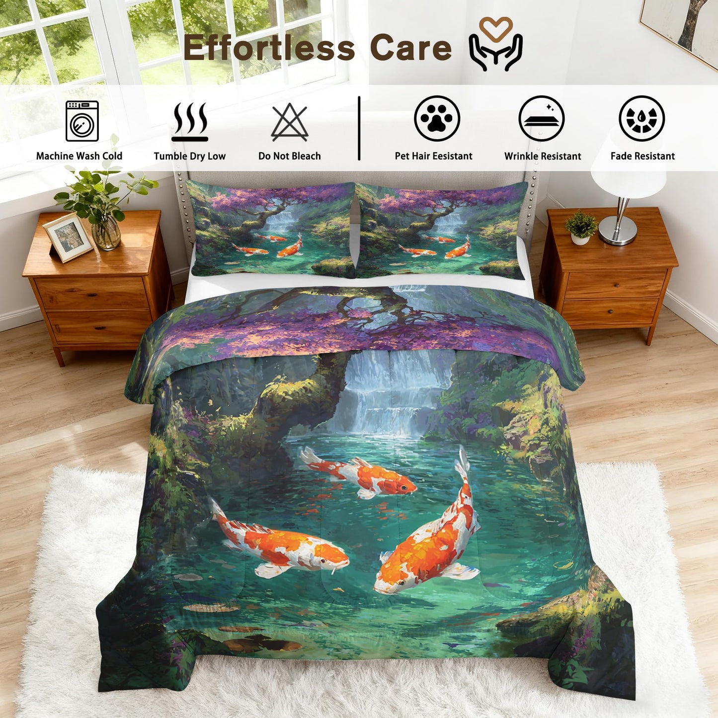 TANCAPRIUM Koi Fish Comforter Set Twin - Japanese Asian Bedding Set & 2 Pilow Cases for All Season - Soft Reversible Down Alternative 3 Piece. Fishing Bedrom Decor