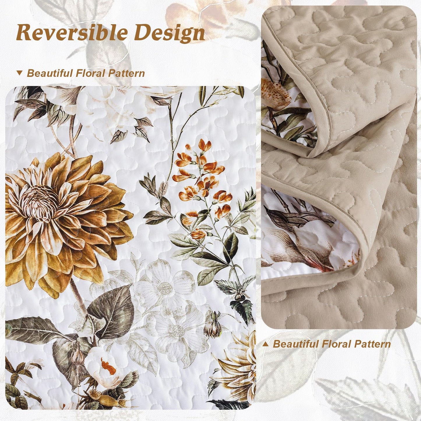 Anibedding Floral Quilt Set Queen Size,Brown Bontanical Quilt Queen Size,Garden Style Bedspread with Soft Lightweight Reversible Coverlet Set for All Season(96"x90")