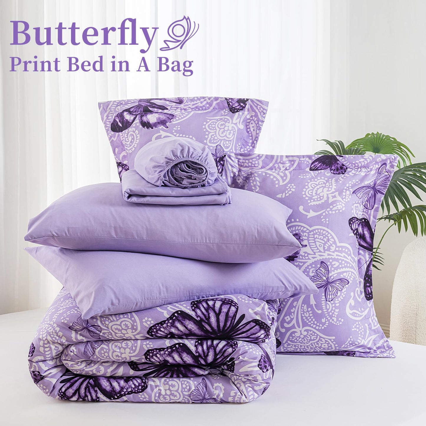 ARTALL Bed in A Bag Twin Size 5 Pieces, Purple Paisley Butterfly Bedding Comforter Set All Season Bed Set with 1 Comforter, 1 Pillow Sham, 1 Flat Sheet, 1 Fitted Sheet, 1 Pillowcase