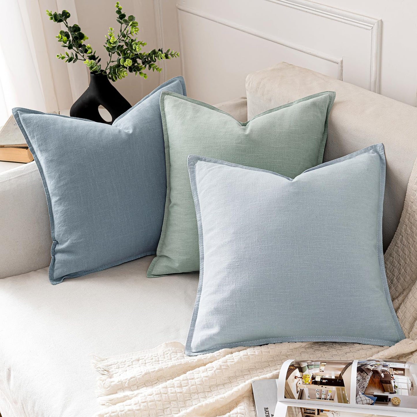 MIULEE Decorative Linen Euro Sham Pillow Covers 24x24 Aqua Green Boho Farmhouse Neutral Spring Couch Throw Pillows for Bed Pack of 2 Accent Modern Pillowcase Summer Sofa Livingroom Home Decor