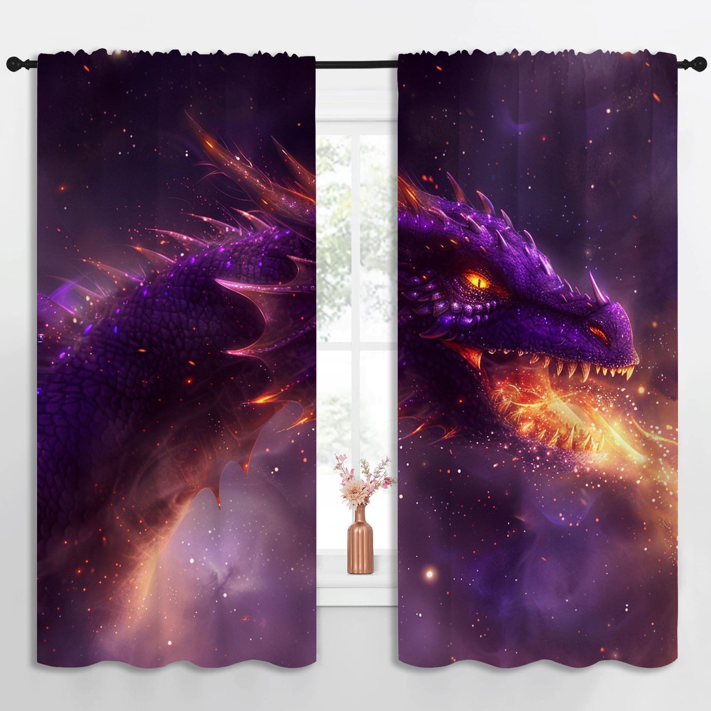 PYMATYTN Dragon Blackout Curtains for Boys Girl Bedroom Decor,Fantasy Creature Breathing Fire Thermal Insulated Rod Pocket Drapes Darkening Window Curtain for Living Room Home 55x63 inch
