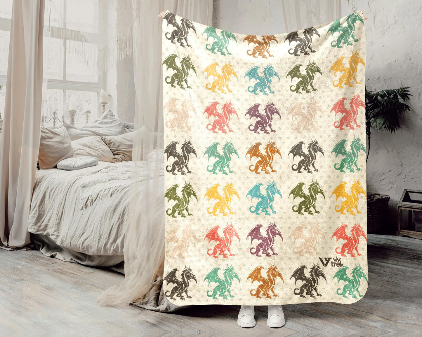 Dragon Lover Blanket, Mythical Creature Throw, Retro Fantasy Gift, Cozy Unique Dragon Decor for Bedroom, Lounge Area, or Creative Fantasy Style Living Space (Greyish Blue, Plush 50" x 60")