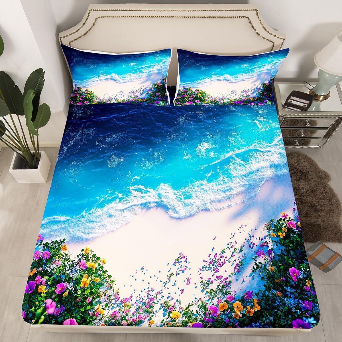 Feelyou Pretty Ocean Beach Bedding Sheets Full Cute Flower Bed Sheet Set for Adult Kids Blue Purple Yellow Fitted Sheet Beach Theme Bed Cover 3Pcs,1 Fitted Sheet+2 Pillow Sham（No Flat Sheet）