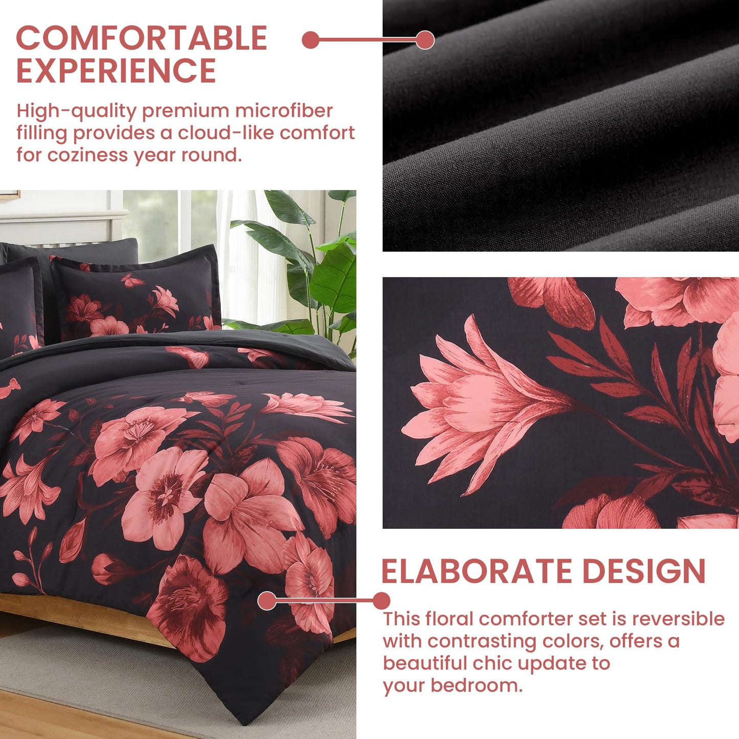 DHSFKBE Floral Comforter Set Queen Size, 7 Piece Black Bed in a Bag, Elegant Flower Pattern Comforter Set with Sheet, Soft Microfiber Complete Bedding Sets for All Season