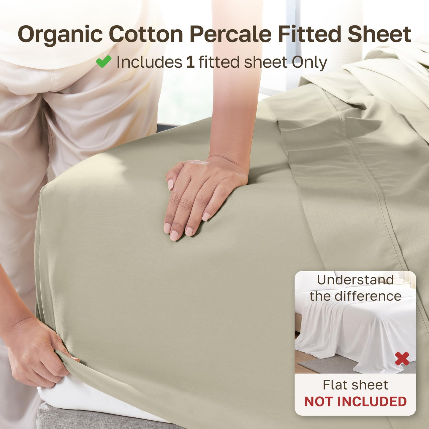 California Design Den Queen Size Fitted Sheet Only - 100% Organic Cotton Percale, Deep Pocket Fitted Sheet, Lightweight, Crisp and Durable - Soft Taupe