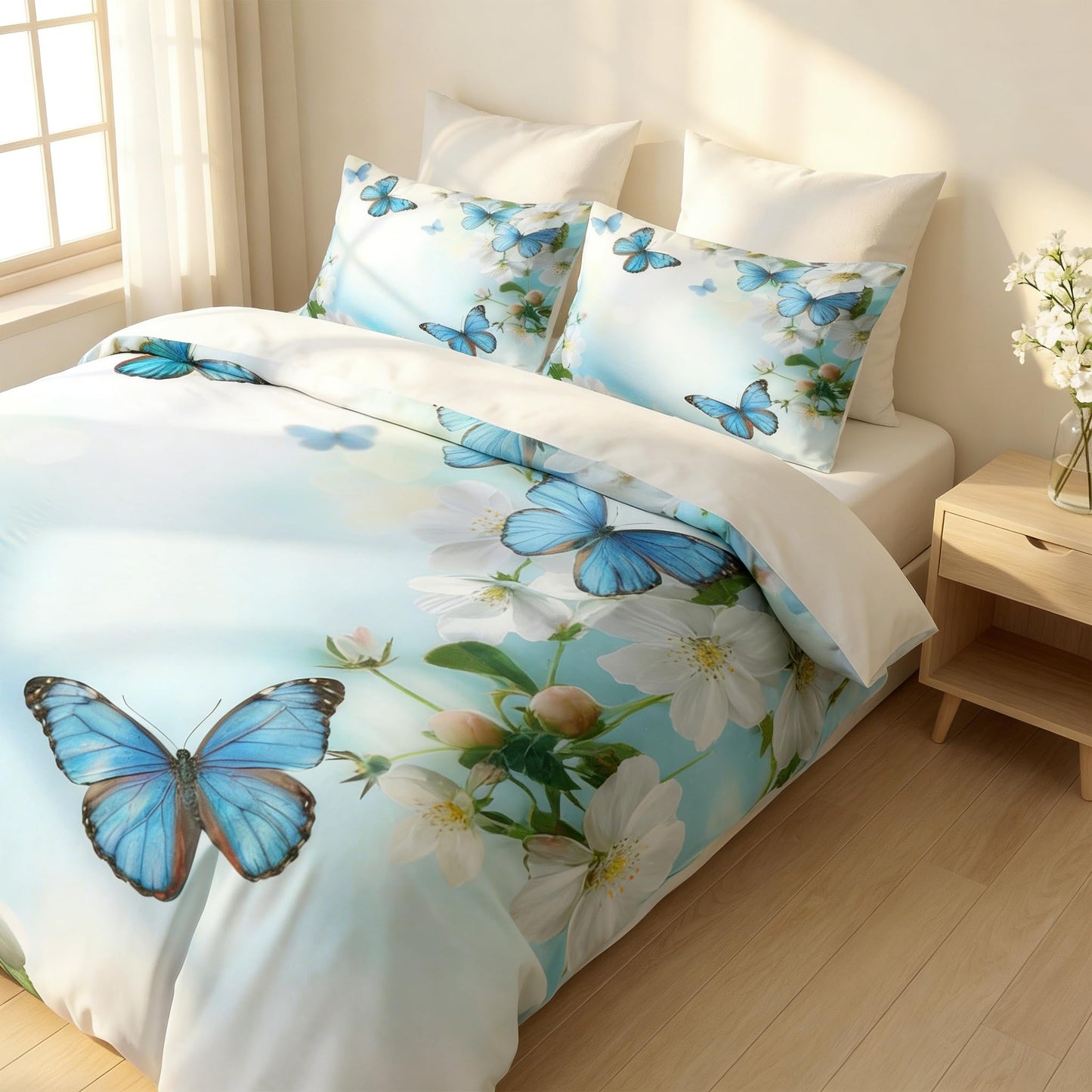 CCoutueChen Kids Twin Size Butterfly Floral Comforter Set, 2 Pcs Blue Botanical Flowers Soft Bedding for Girls, Warm Microfiber Country Bed Set with 1 Pillowcase, 68"x86"