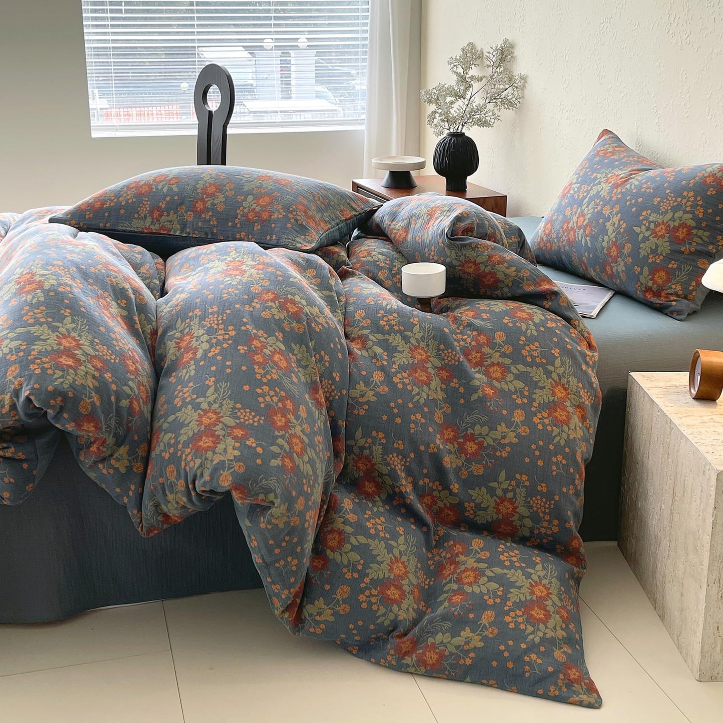 VM VOUGEMARKET Rustic Double Layer Gauze Jacquard Duvet Cover Queen, Dusty Slate Blue with Retro Orange Floral Print, Soft Breathable Boho Comforter Cover with Zipper&Ties