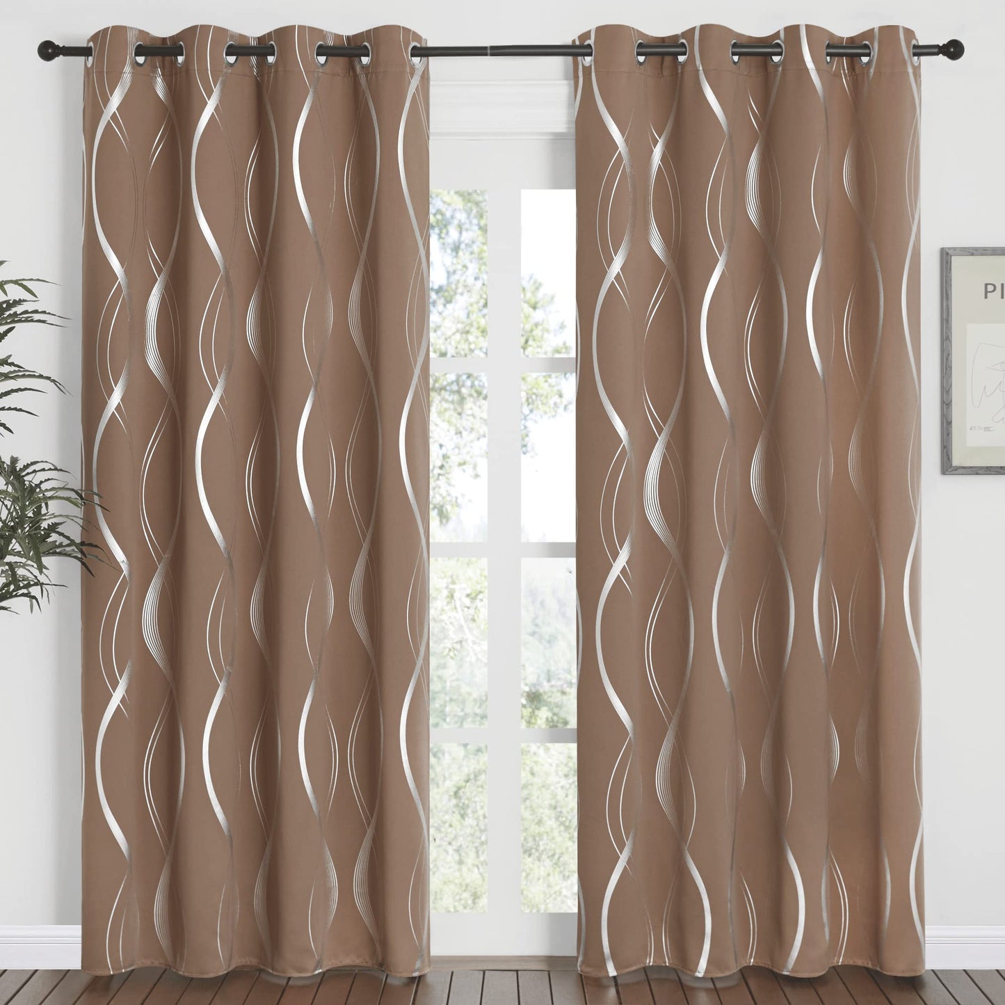 NICETOWN Blackout Curtains Panels for Living Room, Sound Reducing Thermal Insulated Wave Line Foil Print Design Blackout Curtains for Patio Sliding Glass Door (2 Panels, 52 x 84 Inch, Cappuccino)