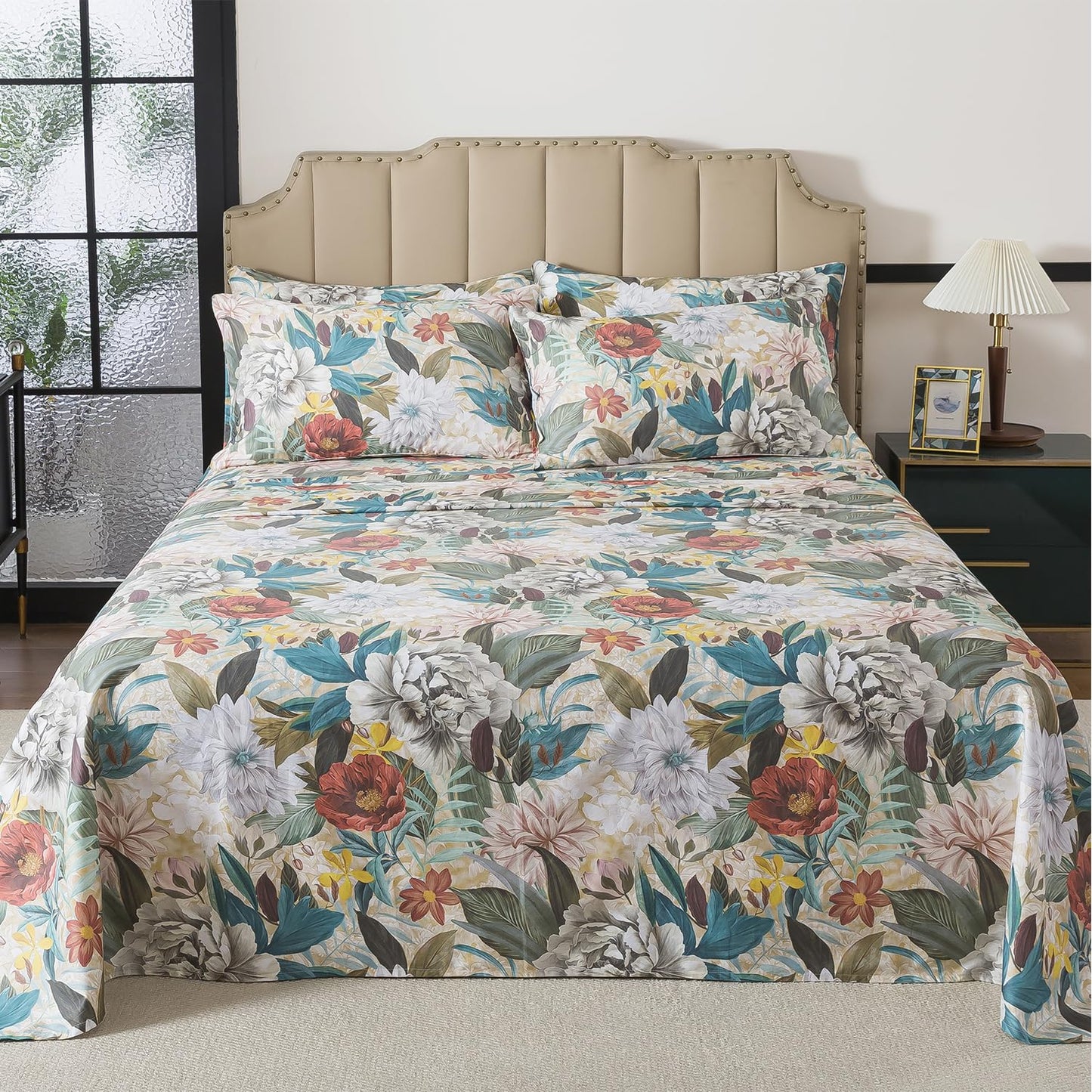 FADFAY Queen Sheet Set, 100% Cotton Sateen Soft Breathable, Luxury Vintage Floral Bed Sheets, Elegant Large Peony & Botanical Print, Classic Garden Style Bedding, Deep Pocket Fitted Sheet, 4 Pieces