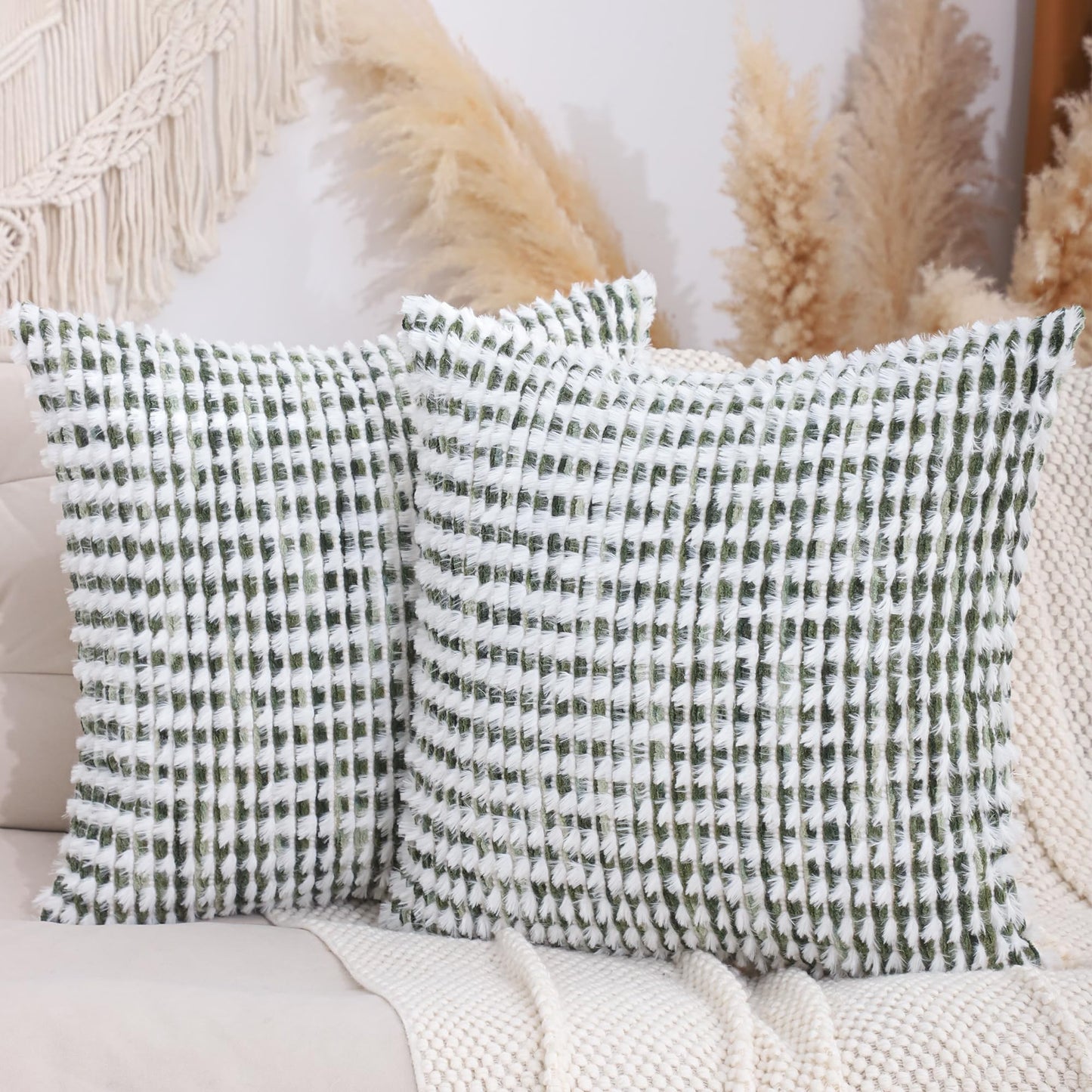 LUOYEHK Boho Throw Pillow Covers 22x22 Inch Set of 2 Chenille Tufted Pillowcase Farmhouse Neutral Cushion Covers for Couch Sofa Bed Living Room, Green White