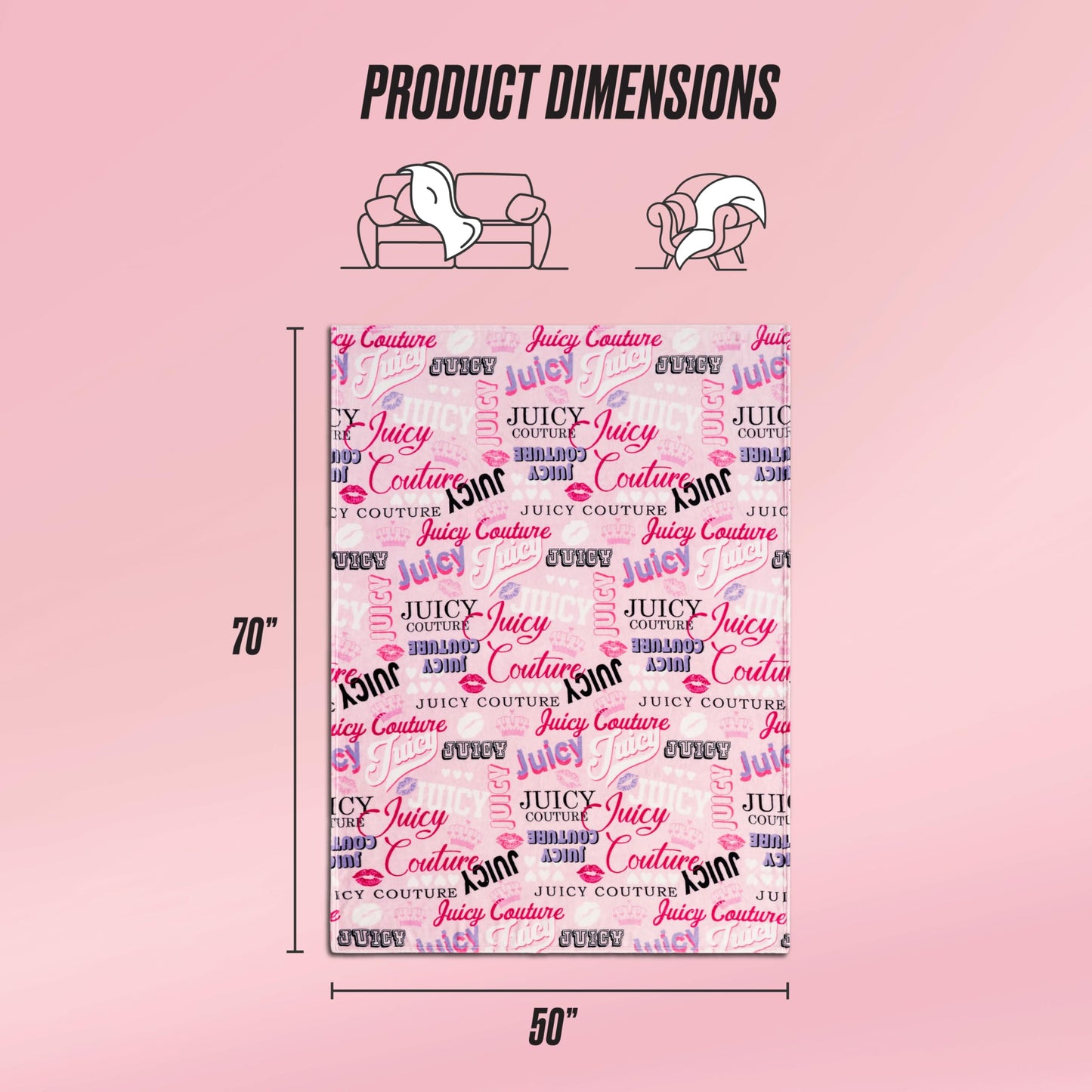 Juicy Couture Icon Collage 50" x 70" Plush Throw Blanket, Pink - Decorative Blankets for Sofas, Throws for Chairs, and Beds