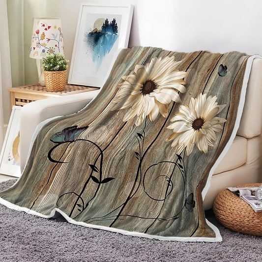 Bzhilja Rustic Floral Throw Blankets, Elegant Daisy Flower Butterflies Cozy Warm Bed Couch Blanket, Farmhouse Barn Wood Vintage Fabric White Fleece Flannel Throws to Decorate the Room and Bedroom