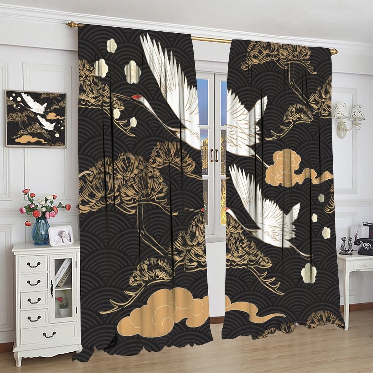 Japanese Style Curtains, Retro Red Crane Black and Gold Pine Tree Wave Abstract Asian Style, Bedroom Living Room Blackout Curtains, 2 Panel Set,42X45 Inch