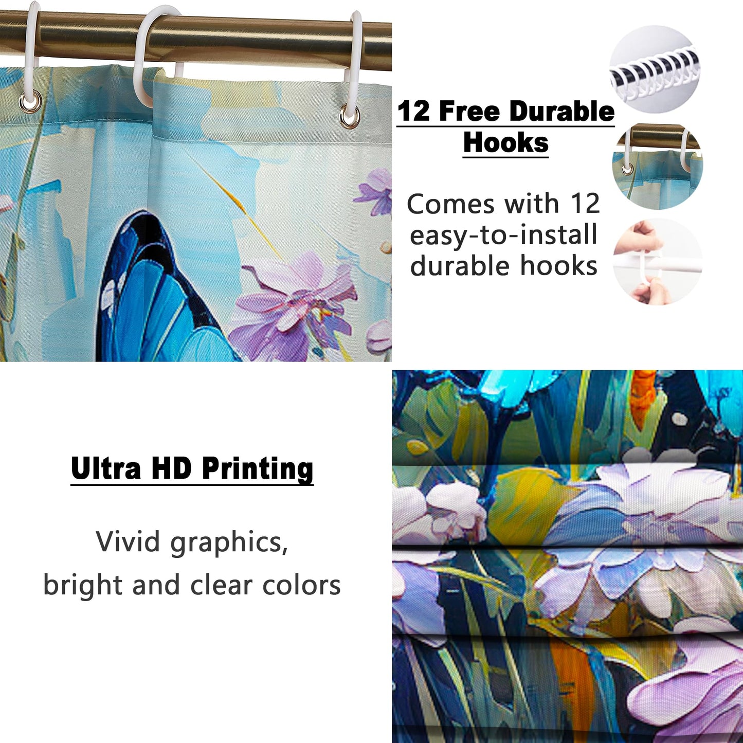Poedist 4-Piece Blue Butterfly Bathroom Set with Non-Slip Rug, Toilet Seat and Floor Mat (with 12 Hooks), Floral Shower Curtain Set, Bathroom Set with Rug and Accessories