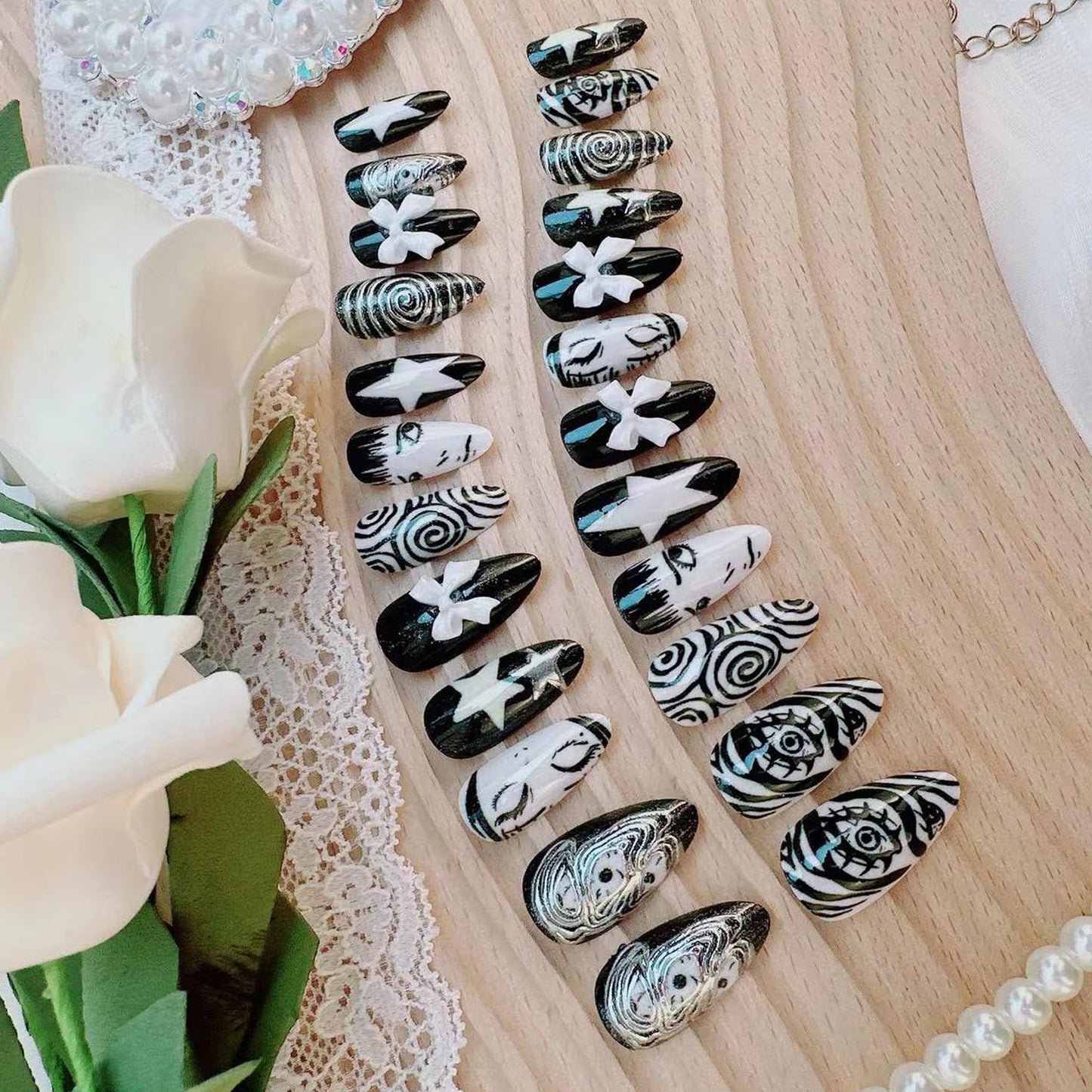 Gothic Press on Nails Medium Almond -Horror Black White False Nails with Eye Swirl 3D Bow Star Hand Painted, Spooky Punk Cartoon Anime Y2k Fake Nails with Glue Tabs for Women Halloween Cosplay 24Pcs