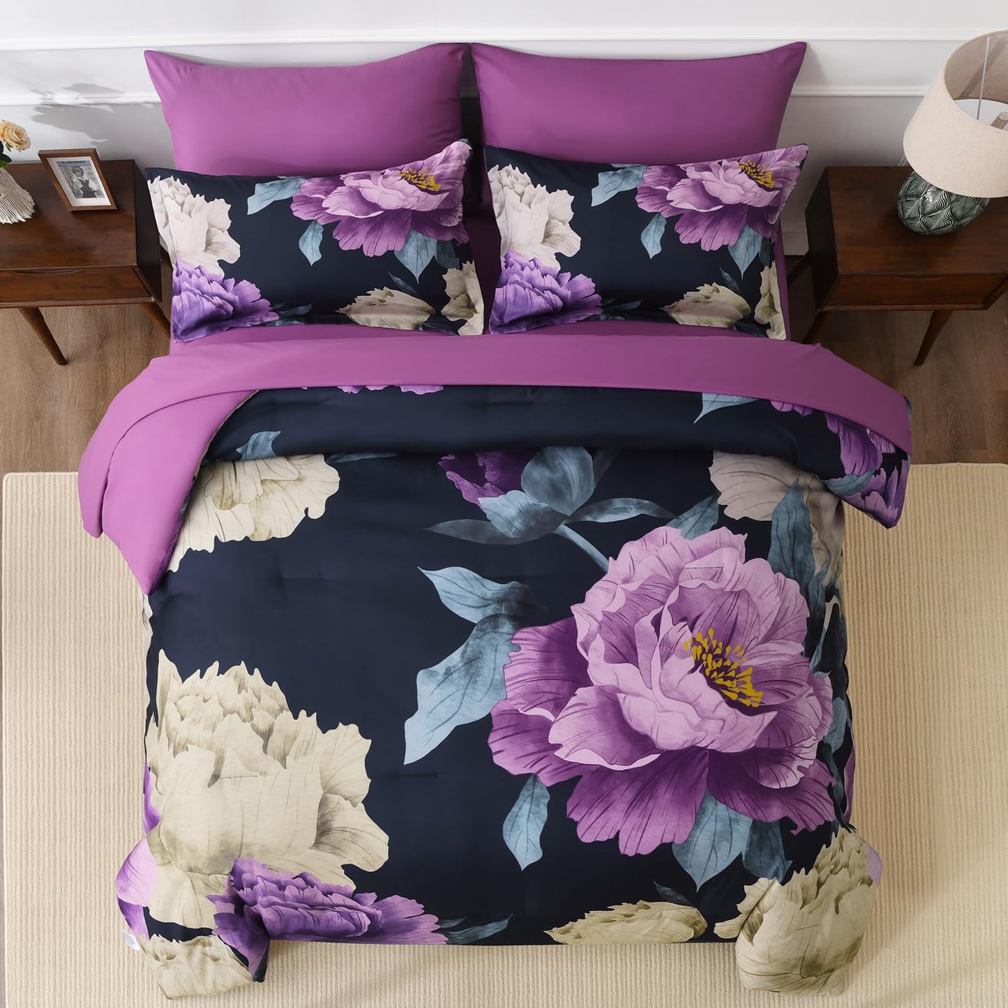 Dobuyly Dark Purple Comforter Set Queen 7 Piece Bed in a Bag, Elegant Floral Comforter Set with Sheets, Soft Microfiber Botanical Flower Bedding Set for All Season