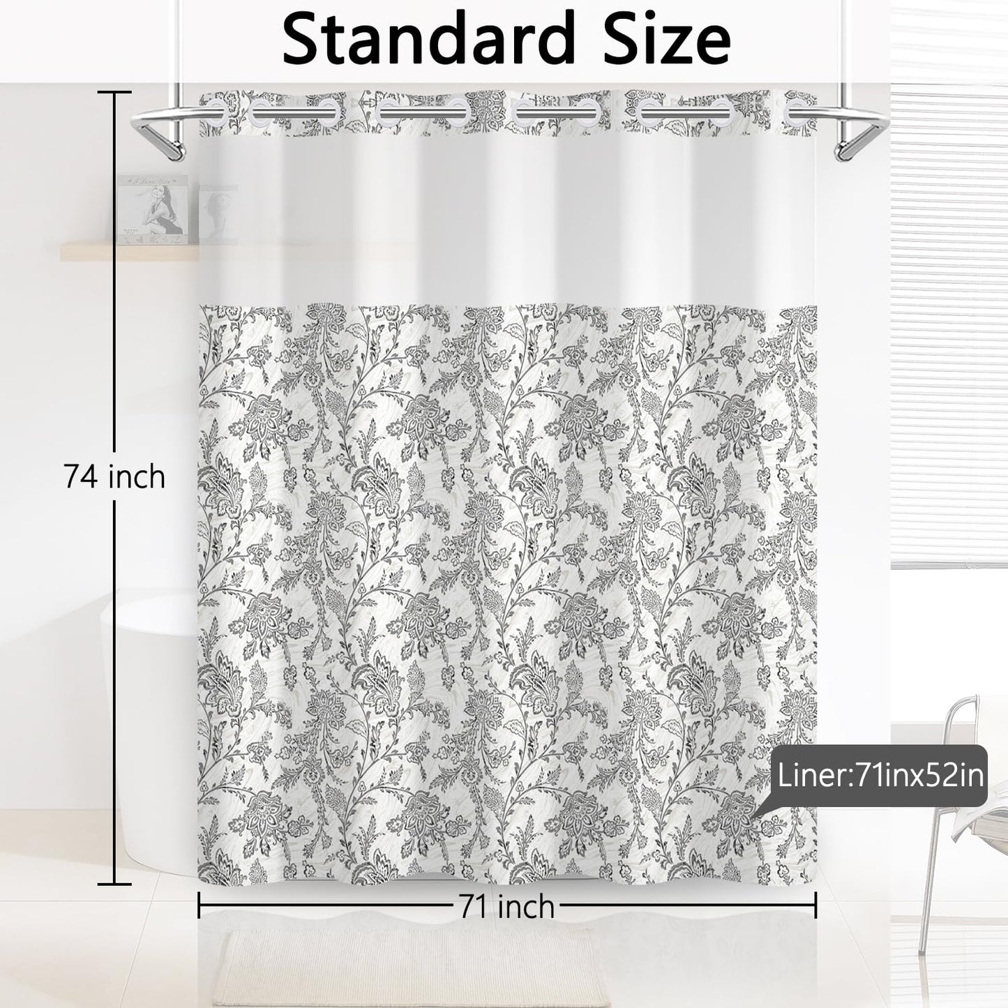 NAEMBCU Floral Shower Curtain with Snap-in Liner 71x74 Inch