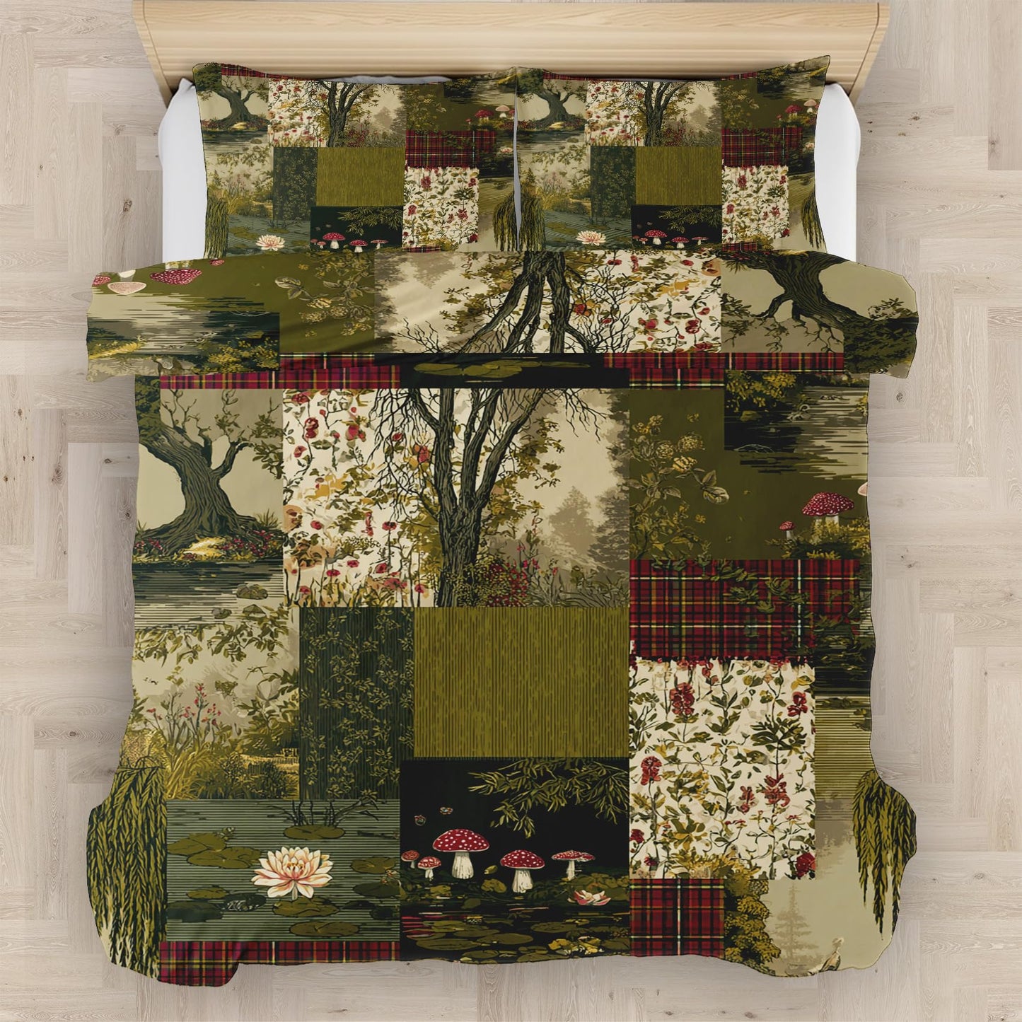 Botanical Patchwork Duvet Cover King Size Spring Floral Bedding, Green Red Rustic Comforter Cover Set Microfiber 3pcs Washed Comfy Breathable with 2 Pillow Shams & Zipper Closure, 104"x90"
