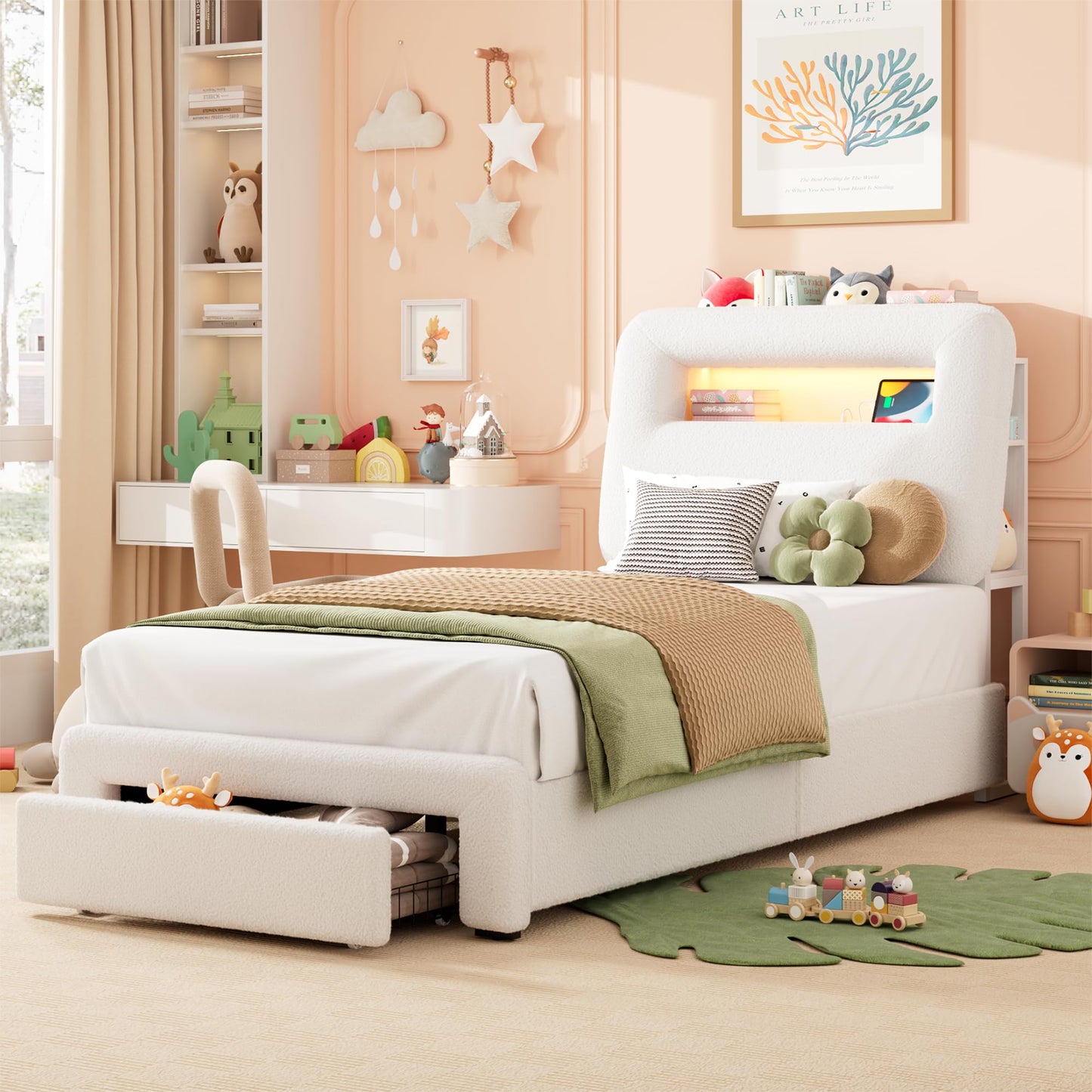 VINTLJUS Twin LED Bed Frame with Storage Headboard & Charging Station, Kids Bed Frames with Bookcase, Teddy Fleece Upholstered Platform Bed Frames with 1 Storage Drawer, No Box Spring Needed, Beige