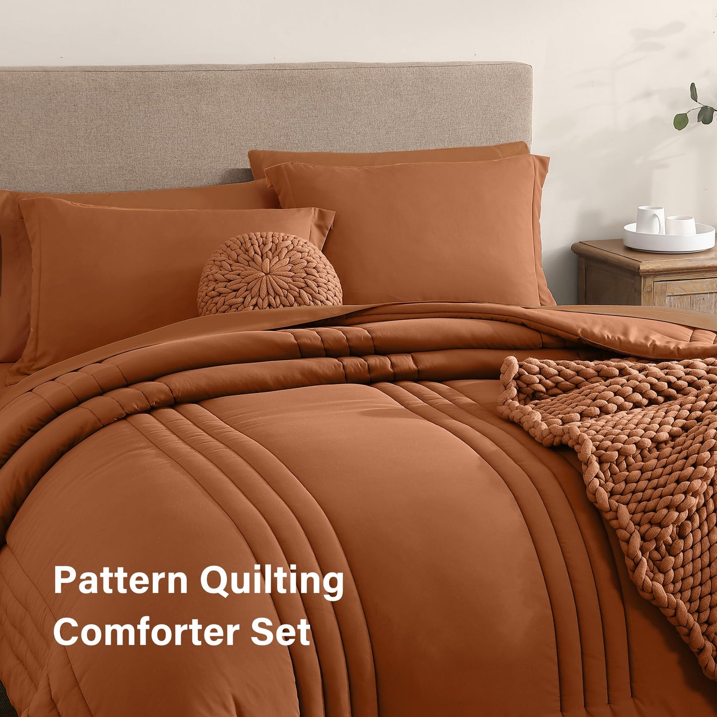 Monbix Queen Comforter Set - 7 Pieces Burnt Orange Bed in a Bag Queen Bedding Sets with Comforters, All Seasons Comforter Bed Set with Sheets, Pillowcases & Shams