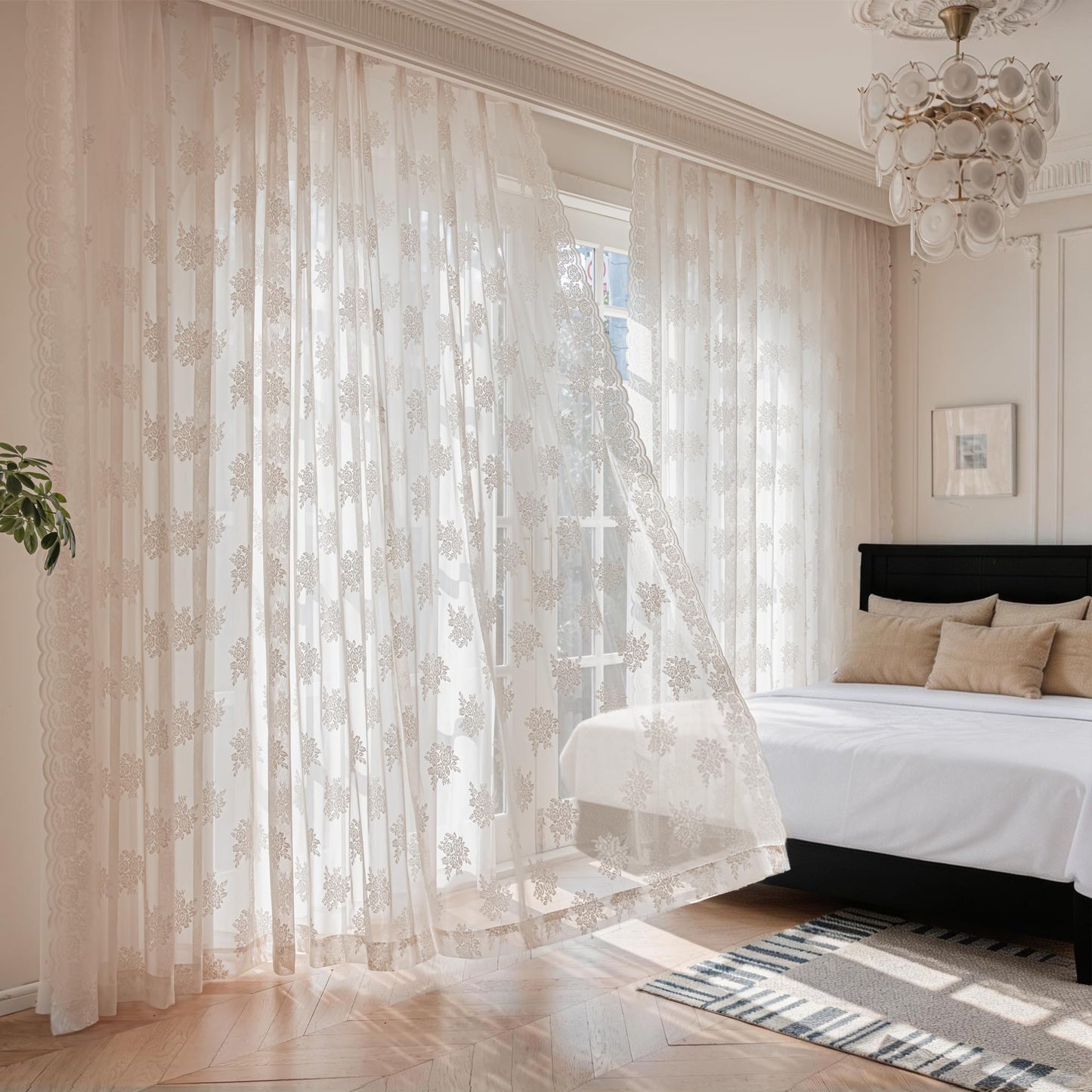 Ivory Lace Curtains 90 Inch Long Vintage Rose with Scalloped Edges Semi Sheer Privacy Curtain Drapes for Living Room, Bedroom Cream Lace Window Curtains with Rod Pocket, 57"W x 90"L, 3 Panels