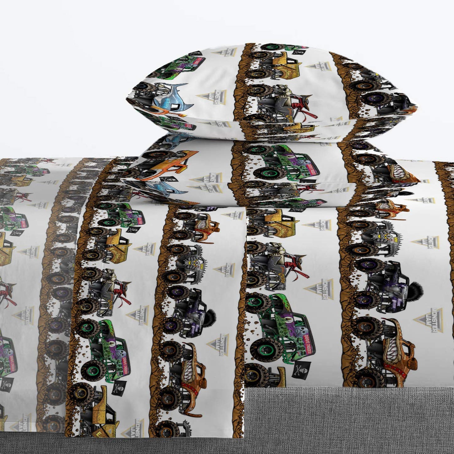 Jay Franco Kids Sheet Set with Fitted, Flat Sheets & Pillow Cover - Ultra-Soft Bedding with Pillowcase for Room Decor, Multi - Monster Jam, 4 Piece Full