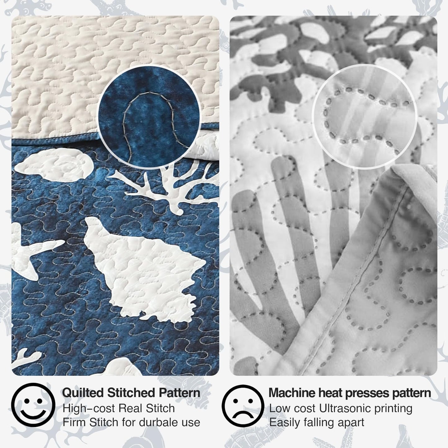 HORIMOTE HOME Coastal Quilt Bedding Set Queen Size, Reversible Navy Summer Beach Quilt Lightweight Ocean Nautical Comforter Tropical Bedspread Coverlet with 2 Pillow Shams for All Seasons (90"x96")